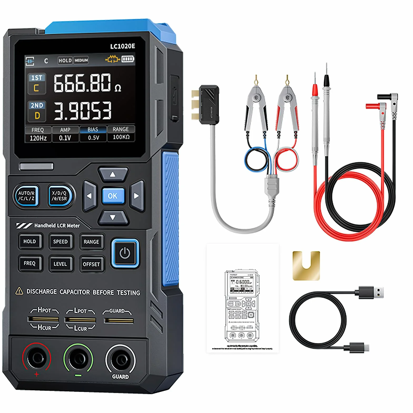 LC1020E Medidor LCR, 100kHz Digital Meter LCR ESR Medidor para medición de inductancia de capacidad de resistencia, 19999 Cuentas, Mide ESR/Q/D/θ/X, calibración apertura cortocircuito, Pantalla dual