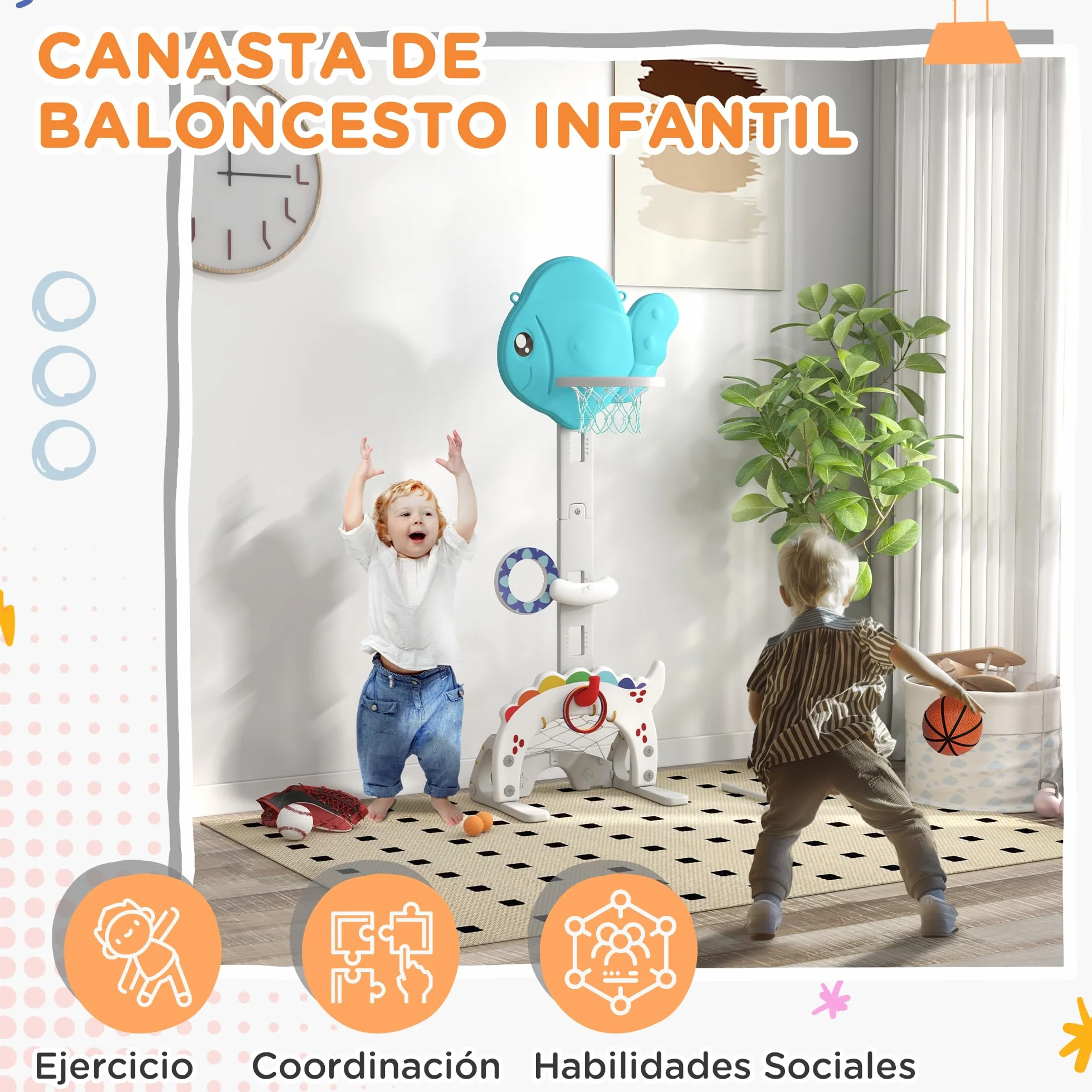 AIYAPLAY Canasta de Baloncesto Infantil 5 en 1 Altura Ajustable con Temática de Pez Dorado Multicolor