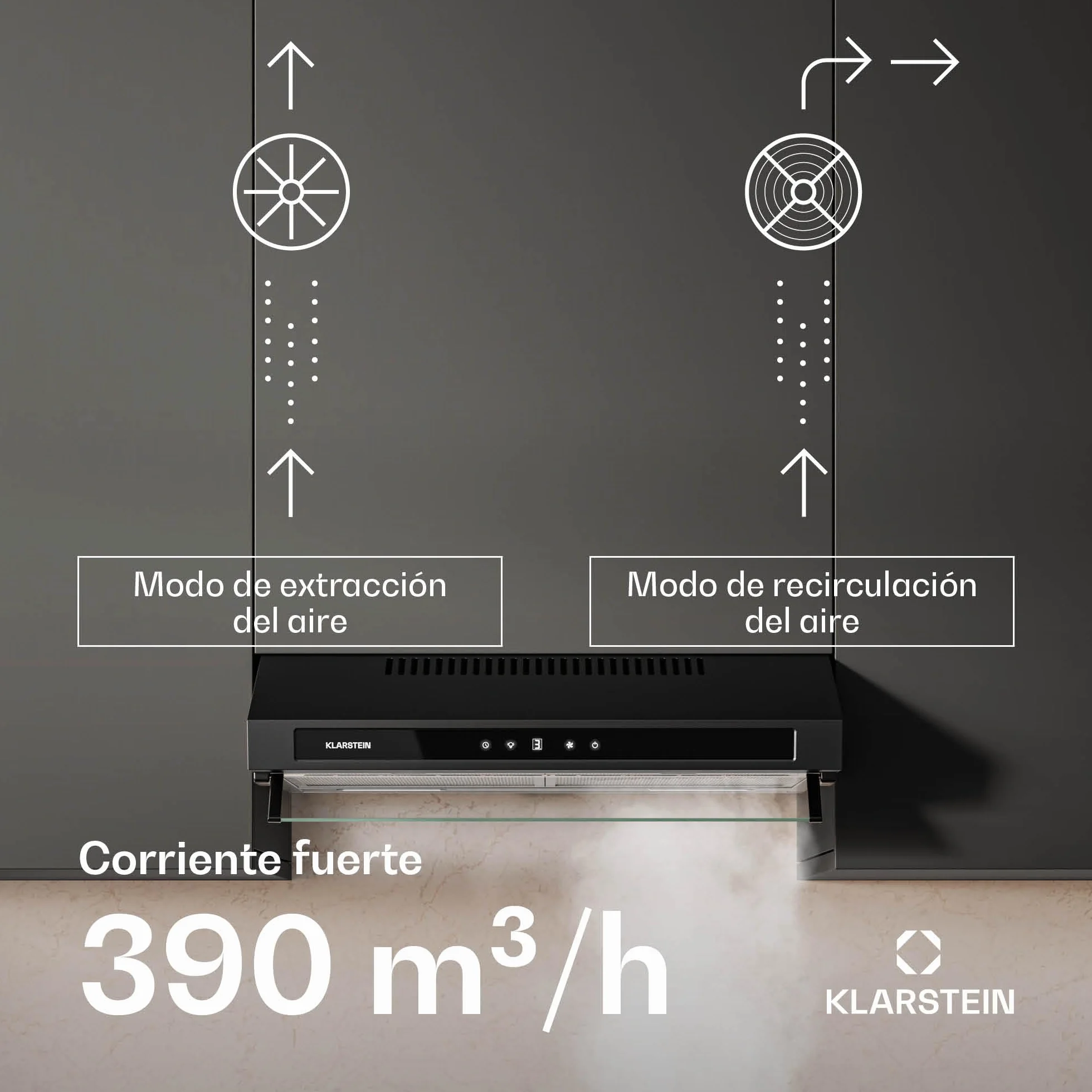 Klarstein Purista Force Campana Extractora 60cm Integrada Panel Táctil Led 400 m³/h Doble Motor Eficiencia Energética C Iluminación Led Filtro de Carbón Negro