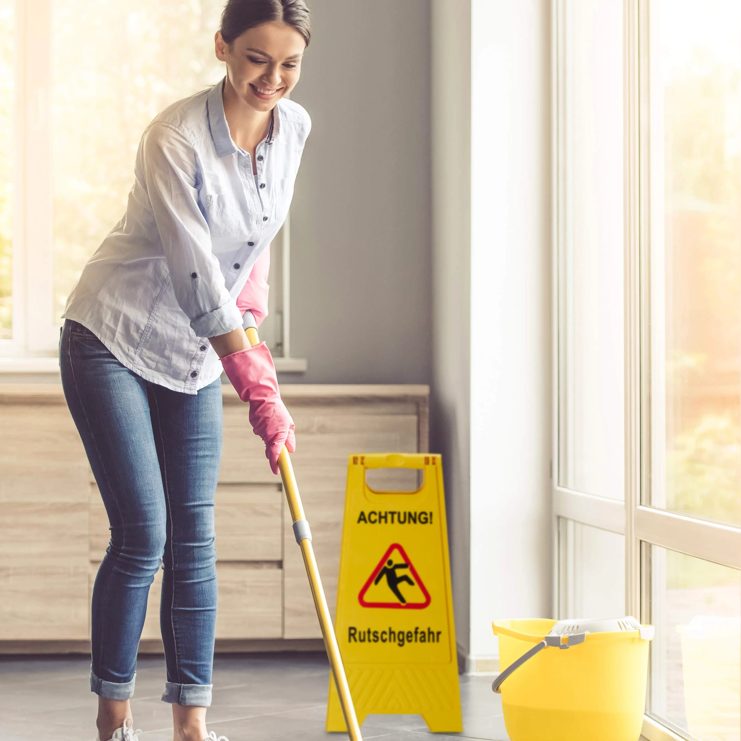 10 x Carteles Suelo Mojado en Alemán, Achtung Rutschgefahr, Señal Pavimento Resbaladizo, 2 Caras, PP, Amarillo