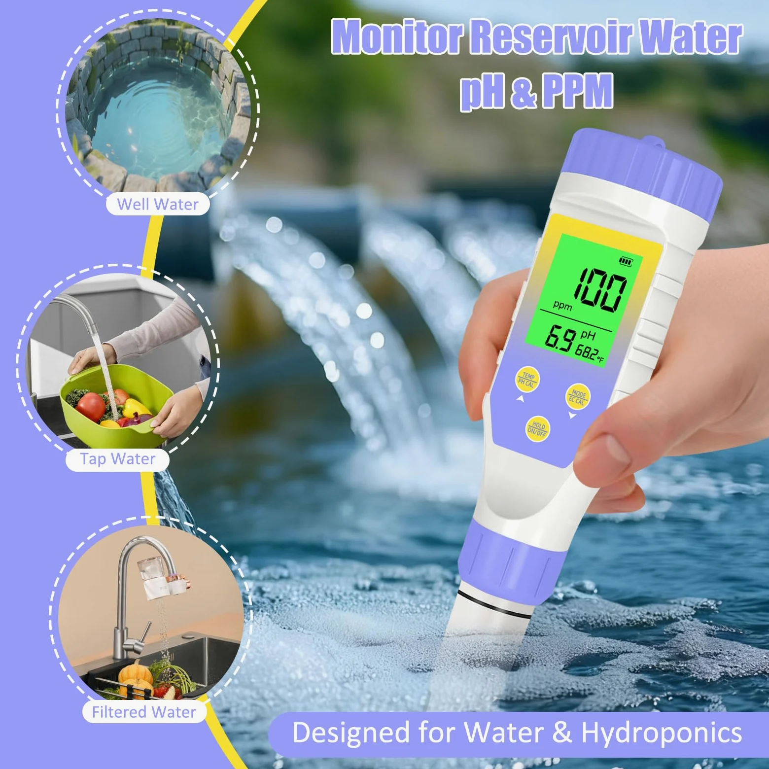 Medidor de pH y TDS, probador digital de pH para agua, 5 en 1 pH/TDS/EC/salinidad/temperatura, probador de agua para beber en el hogar, piscina y acuario, con resolución 0.01