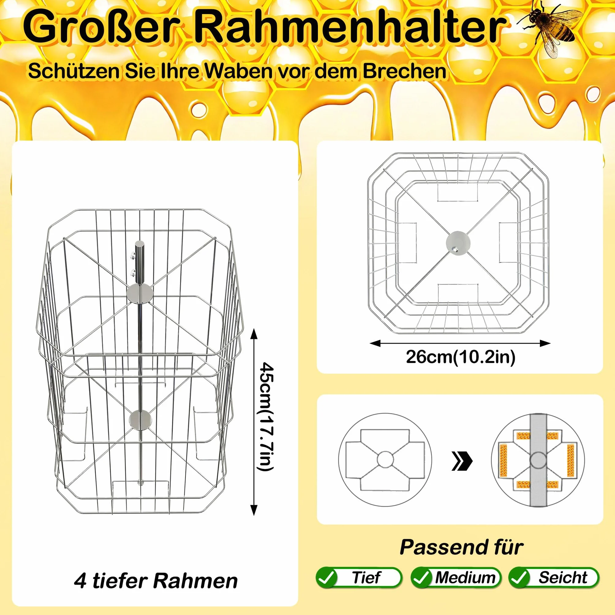 FIVMEN Extractor de miel manual de 4 panales de acero inoxidable, extractor de miel con alimentación tangencial con tapa, accionamiento manual y patas ajustables, accesorios universales para