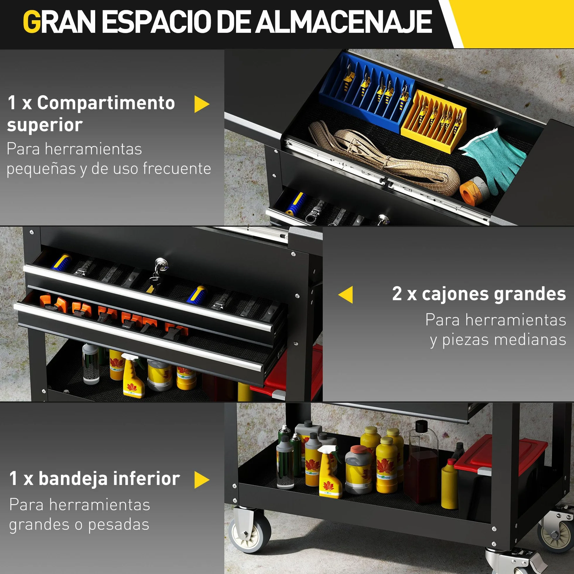 HOMCOM Carro de Herramientas con Ruedas, Carro de Taller Móvil con Tapa Deslizante, 2 Cajones con Cerradura, Bandeja, Caja de Herramientas de Acero, para Taller, Garaje, Negro