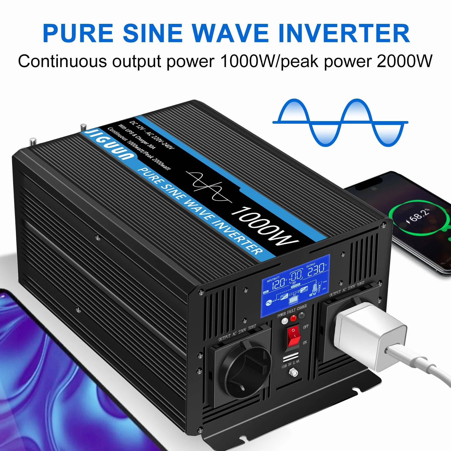 JIGUUN 1000W Inversor 12V 220V Onda Pura Inverter con Cargador 30A y Circuito Prioritario de Red y SAI，2 Tomas UE, Mando a Distancia Inalámbrico y Pantalla LCD Potencia Pico 2000W
