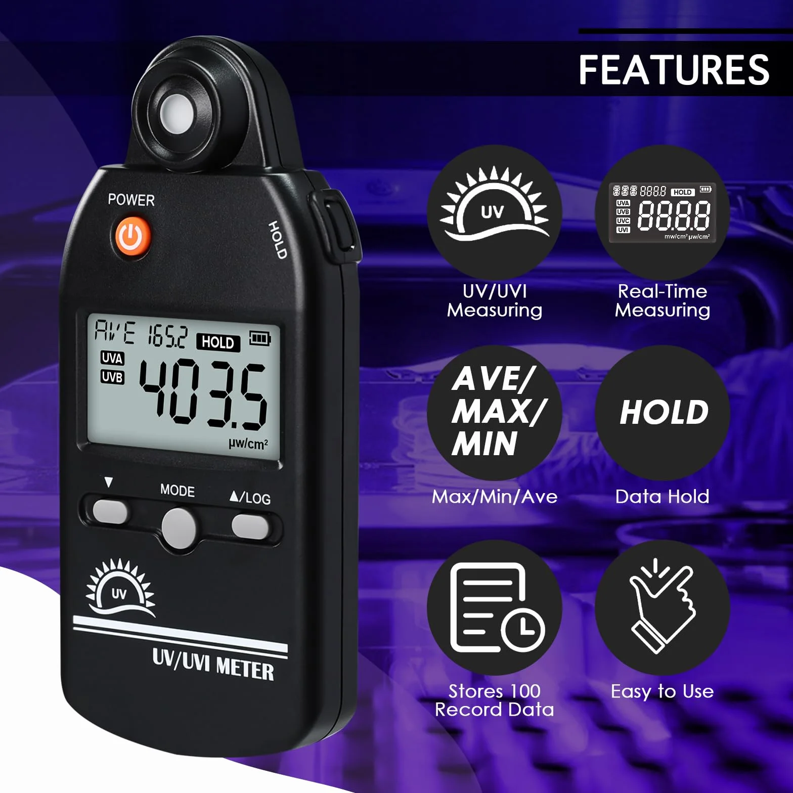 Medidor UV digital UVB 280-400 nm UV/UVI conmutable 0-5000 μW/cm² detector registro datos 100 grupos