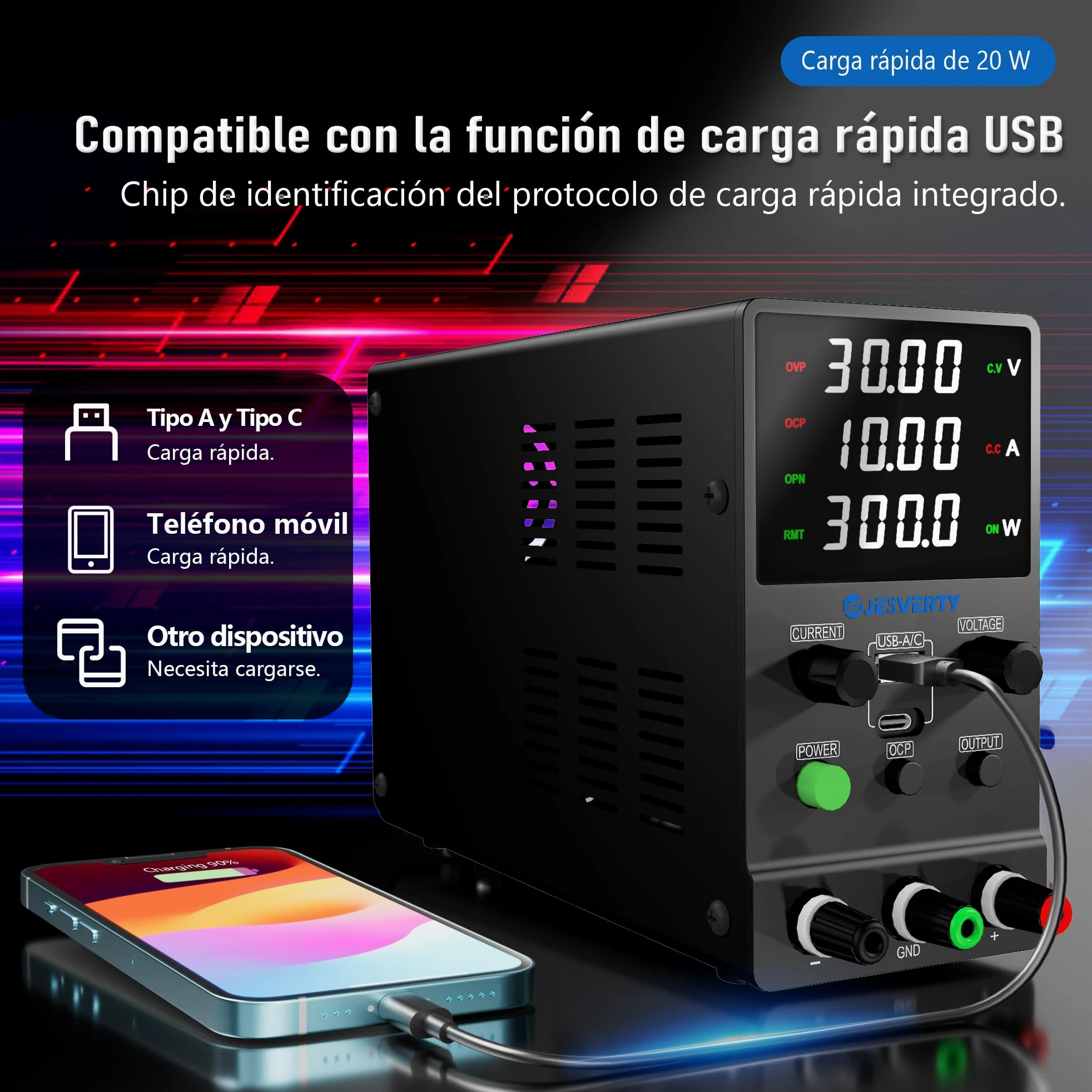 Fuente de alimentación CC Variable, 0-30V 0-10A Fuente de alimentación de Banco regulada CC con Carga rápida USB y Tipo C, Perilla codificadora,Interruptor de Encendido/Apagado de Salida Jesverty