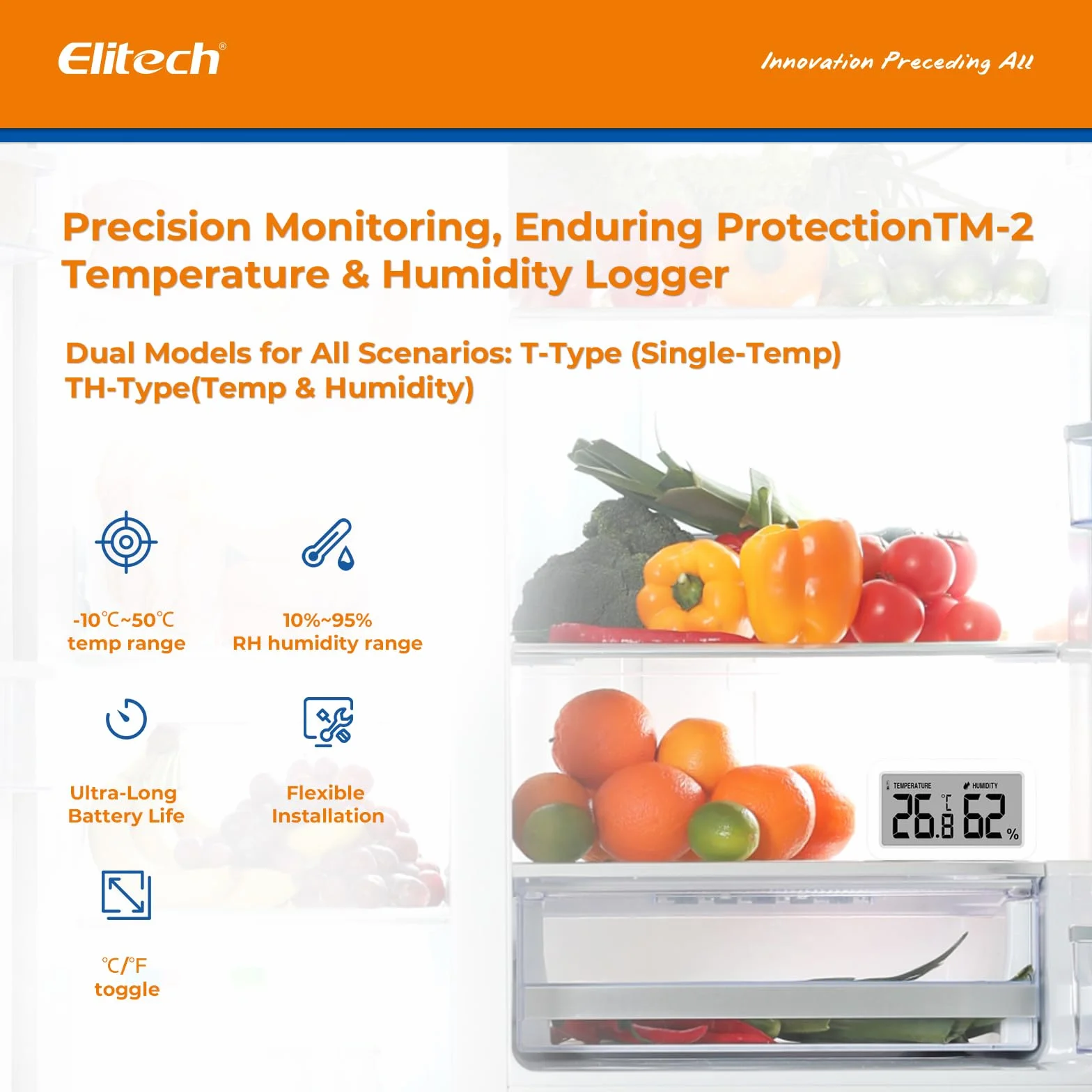 Elitech TM-2 Termómetro para frigorífico control temperatura humedad fijación magnética gancho