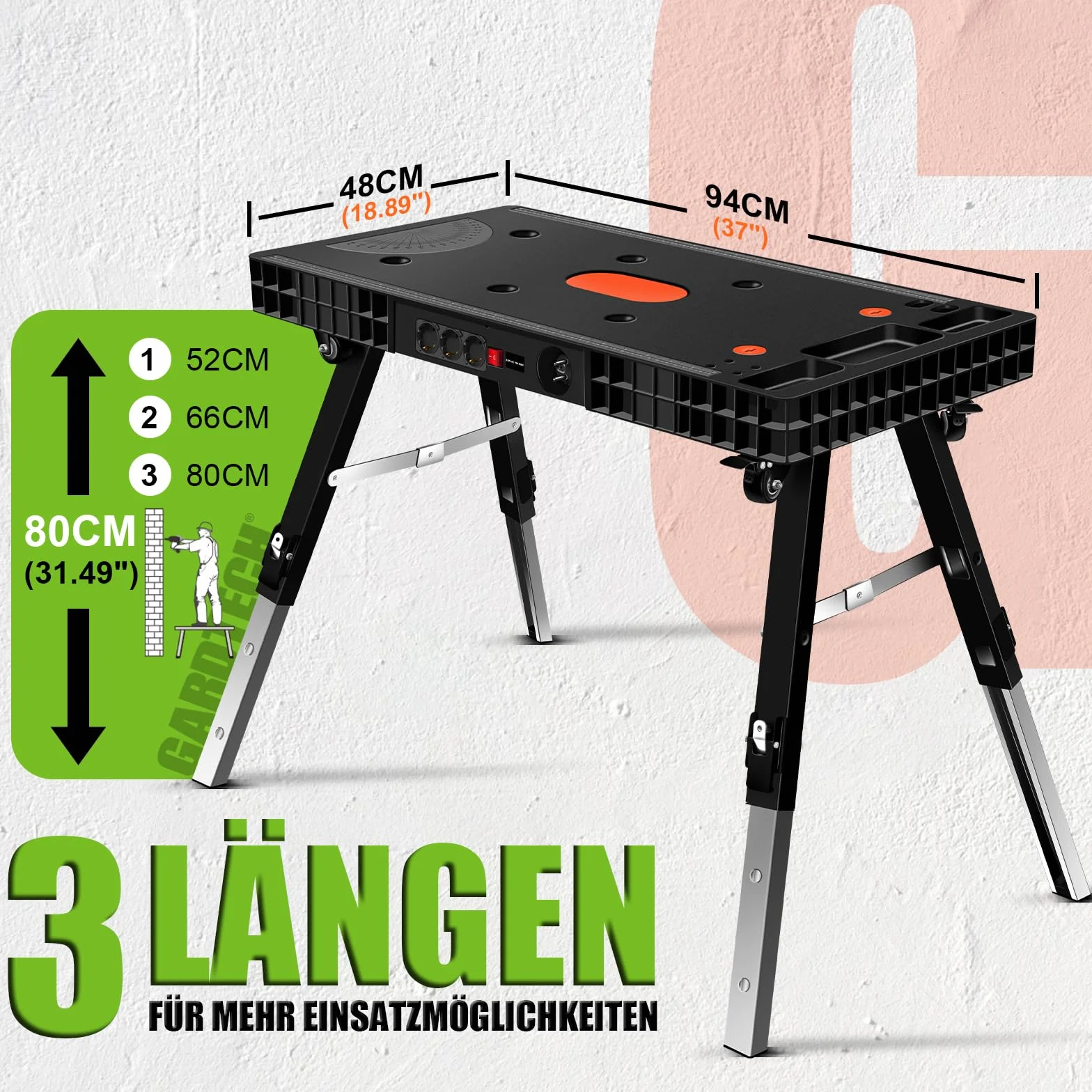 Vertak Banco de Trabajo Plegable 5 en 1 con Enchufe, Mesa de Carpintero 150 kg
