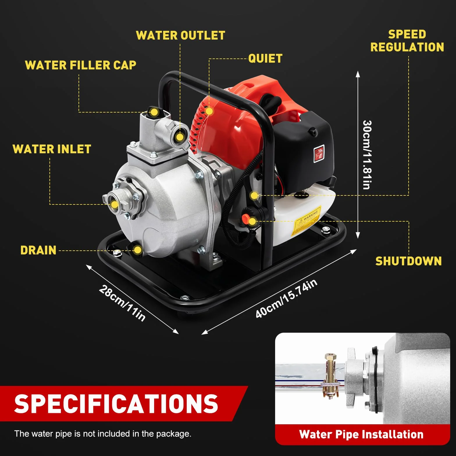 Bomba de agua de gasolina, motor de 40.2 cc, bomba de jardín, 1,25 kW, altura de extracción de 35 m, conexión de 38 mm (1,5 pulgadas), bomba de jardín con motor de 2 tiempos
