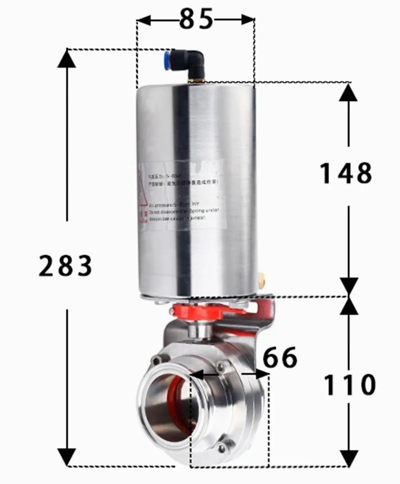 Válvula de Mariposa de 19-108 mm, 1,5", 2"-4", 304 y 316L con actuador neumático(38mmK50.5)