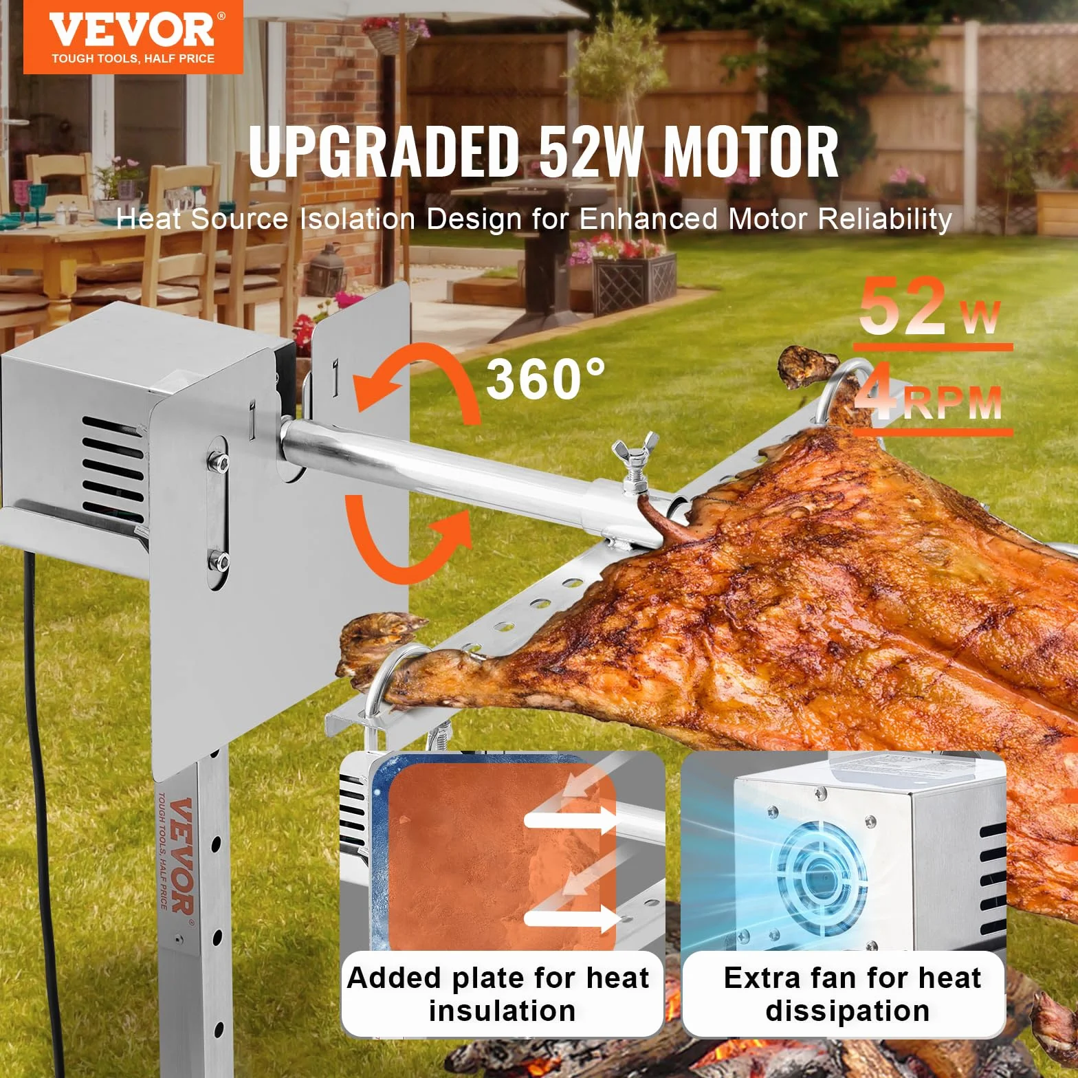 VEVOR Parrilla de Cordero 60 kg Parrilla de Barbacoa para Cerdo, Cordero, Cabra, Motor eléctrico de 52 W Asador Comercial de Acero Inoxidable con Escudo térmico, Longitud de asador de 1445 mm