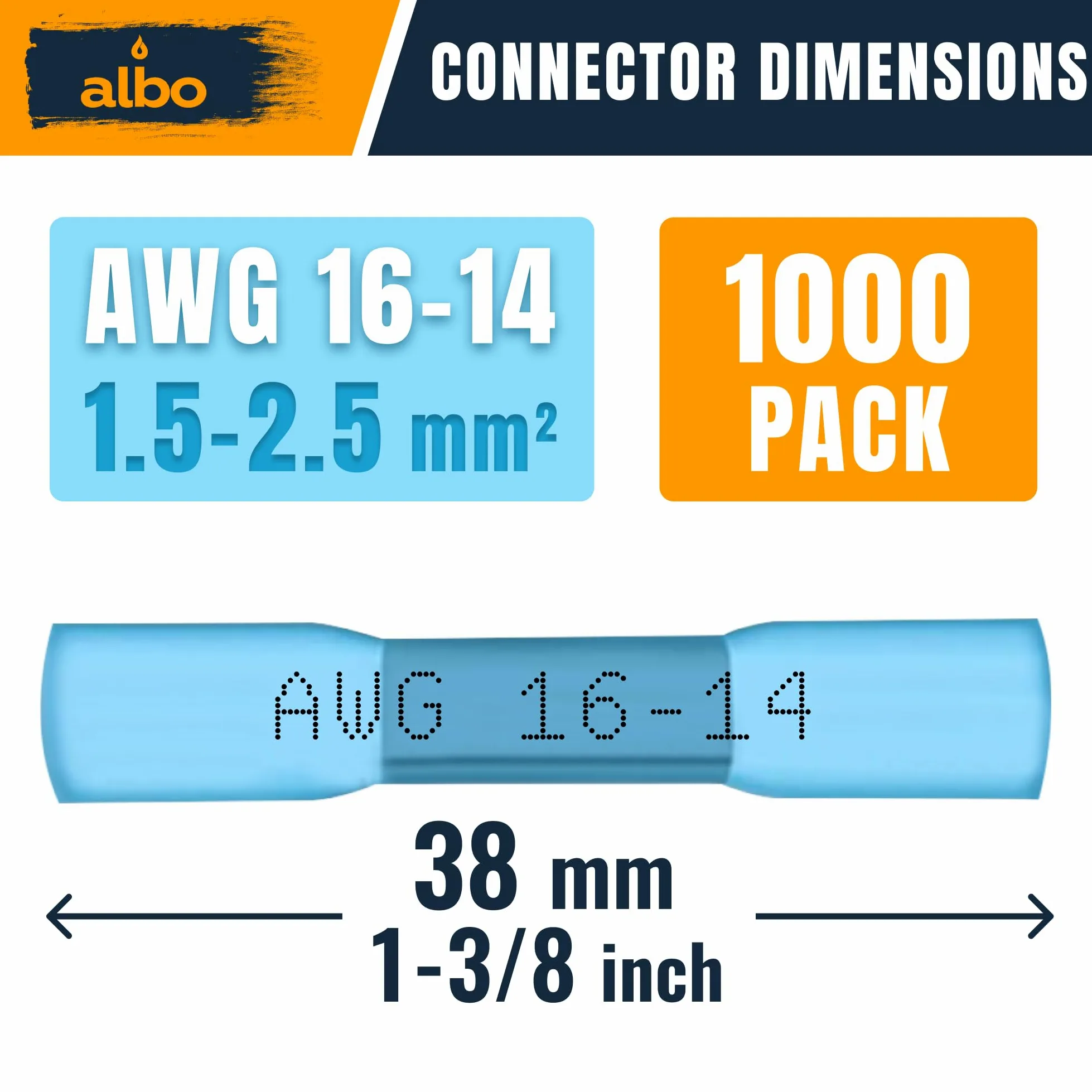 ALBO 1000 conectores termorretráctiles de 16 a 14 AWG, cobre estañado de 0,8 mm, conectores de alambre de crimpado aislados de grado marino, conectores eléctricos impermeables, empalme a tope para