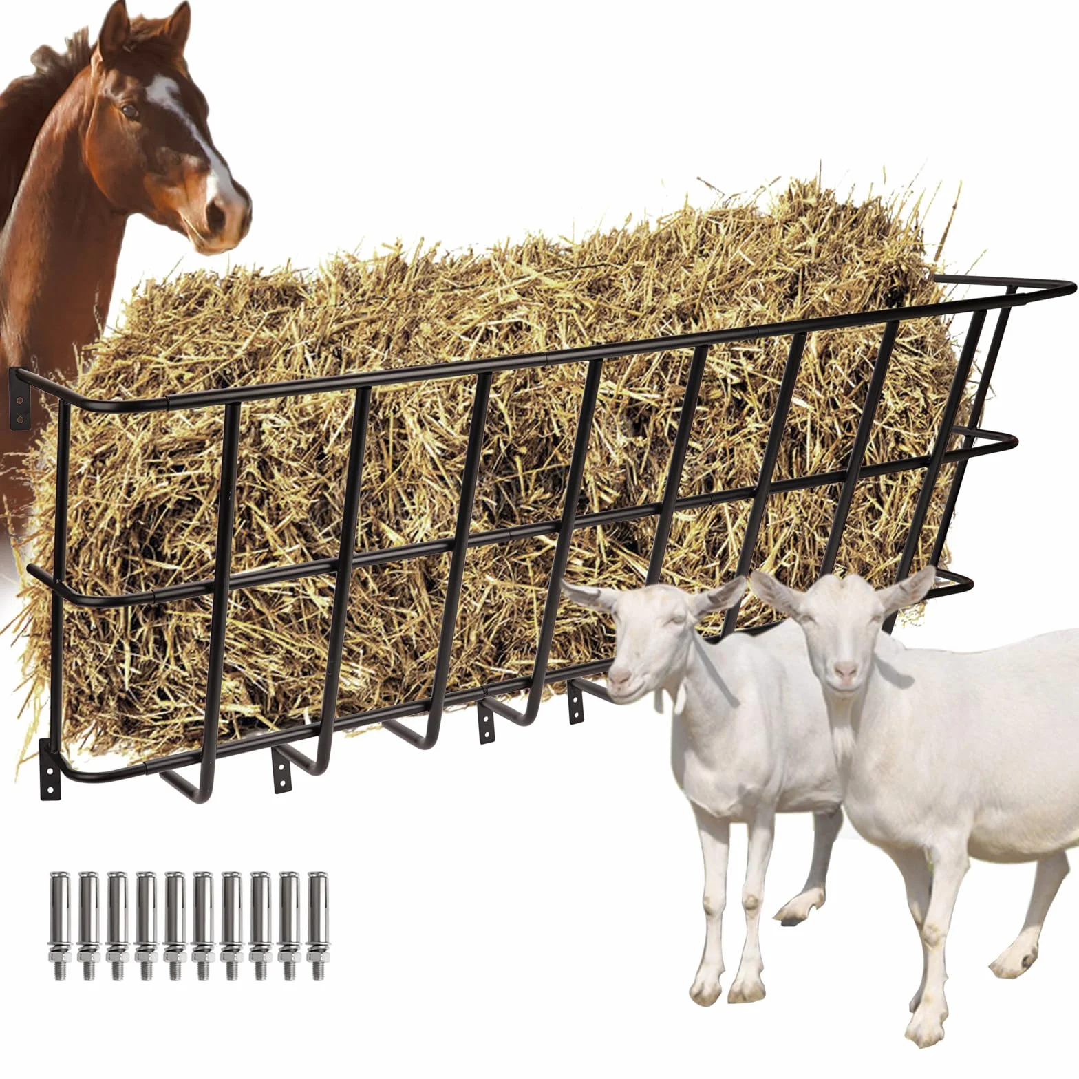 Comedero de Heno para Caballos, Comedero de Heno para Ganado con Gran Capacidad de 48 Galones, Estante de Heno Montado en la Pared para Caballos, Ovejas, Cabras, Uso en Interiores y Exteriores