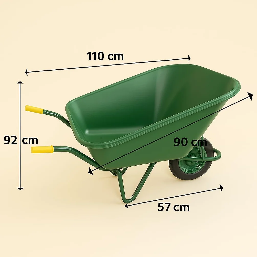Carretilla de Nylon Verde 300L – Bandeja Reforzada de 4,6 mm, Rueda Neumática, Estructura Metálica Estable, Uso Profesional en Jardinería, Agricultura y Construcción – Hijos de J. SANZ