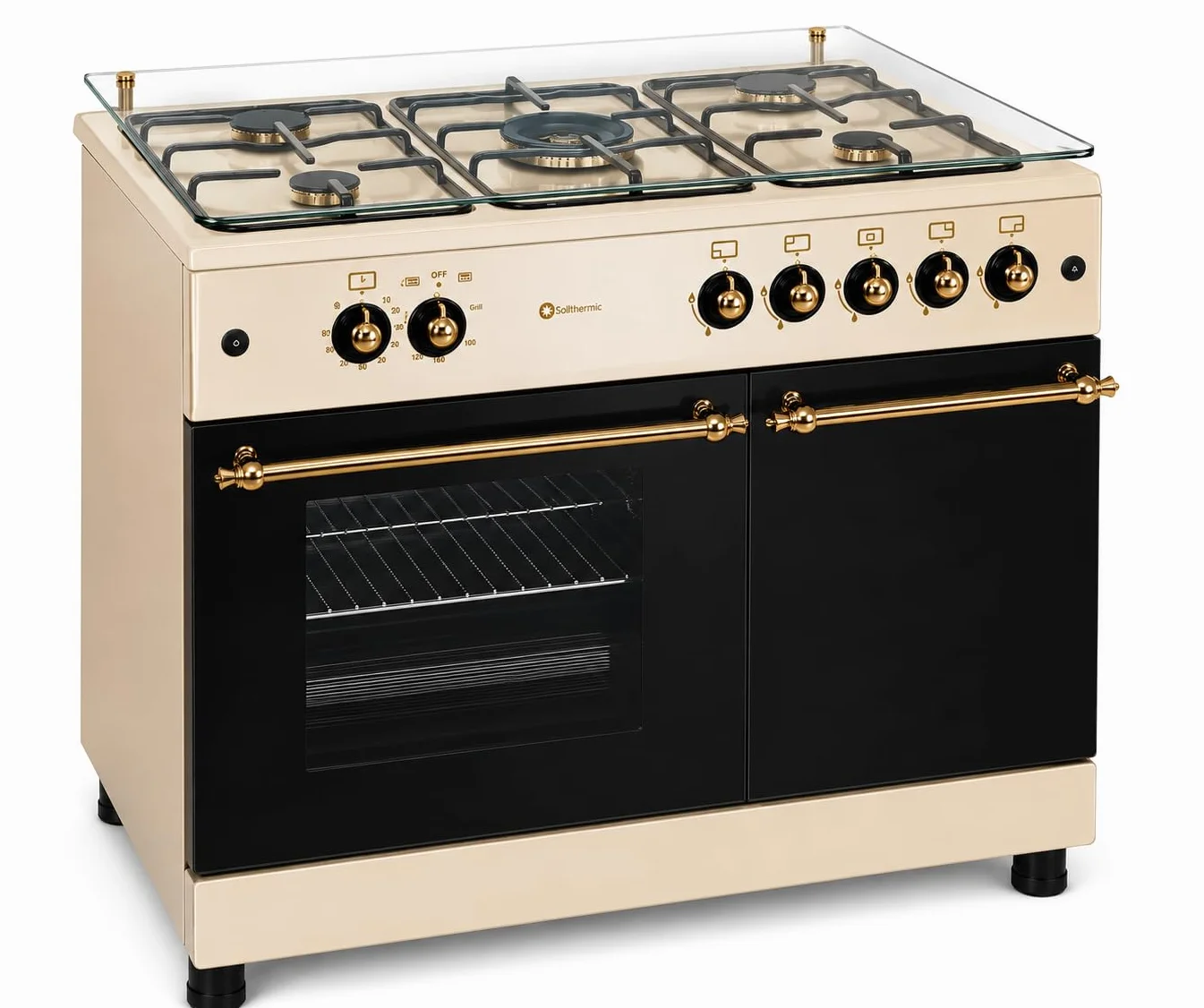 SOLTHERMIC F9LT50G2-C Cocina Gas Portabombona 5 Fuegos Horno 64 L Estilo Rústico Crema Mandos Dorados