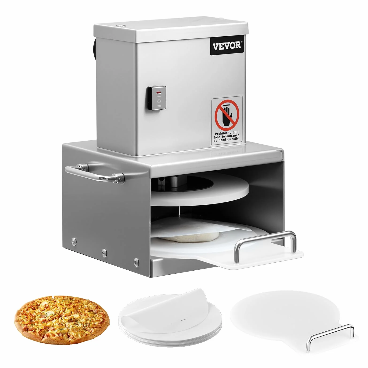 VEVOR Prensa Eléctrica para Masa de Pizza, Placa de Prensado 15 cm, Máquina de Pan de Acero Inoxidable, Espesor Ajustable, con 100 Hojas de Papel Pergamino, 240 x 250 x 330 mm, Fácil de Usar