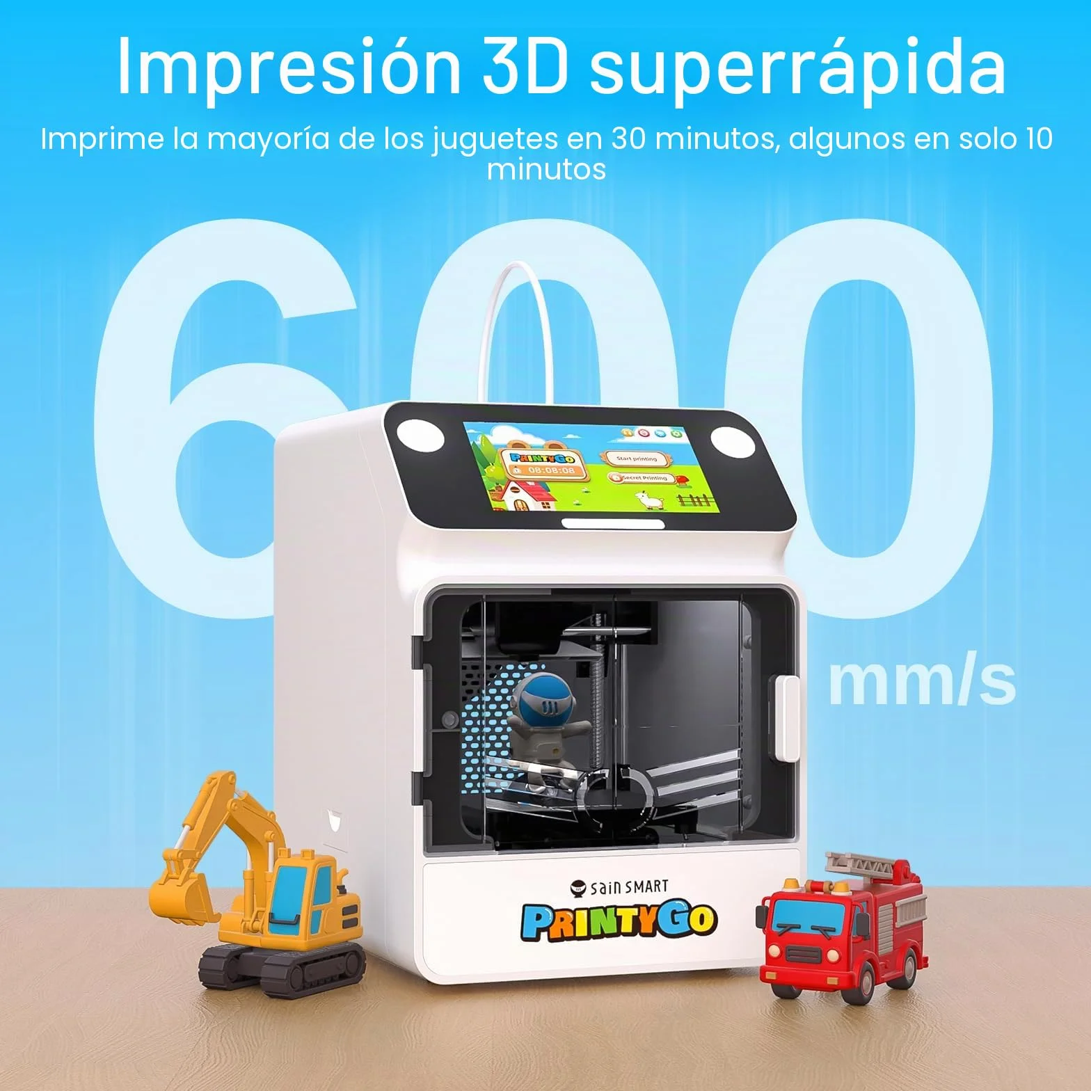 SainSmart Impresora 3D PrintyGo Mini para niños, 600 mm/s, autonivelación, Ideal para Principiantes, diseño Seguro para niños, Control por Wi-Fi/App, preensamblada para Aprendizaje Stem