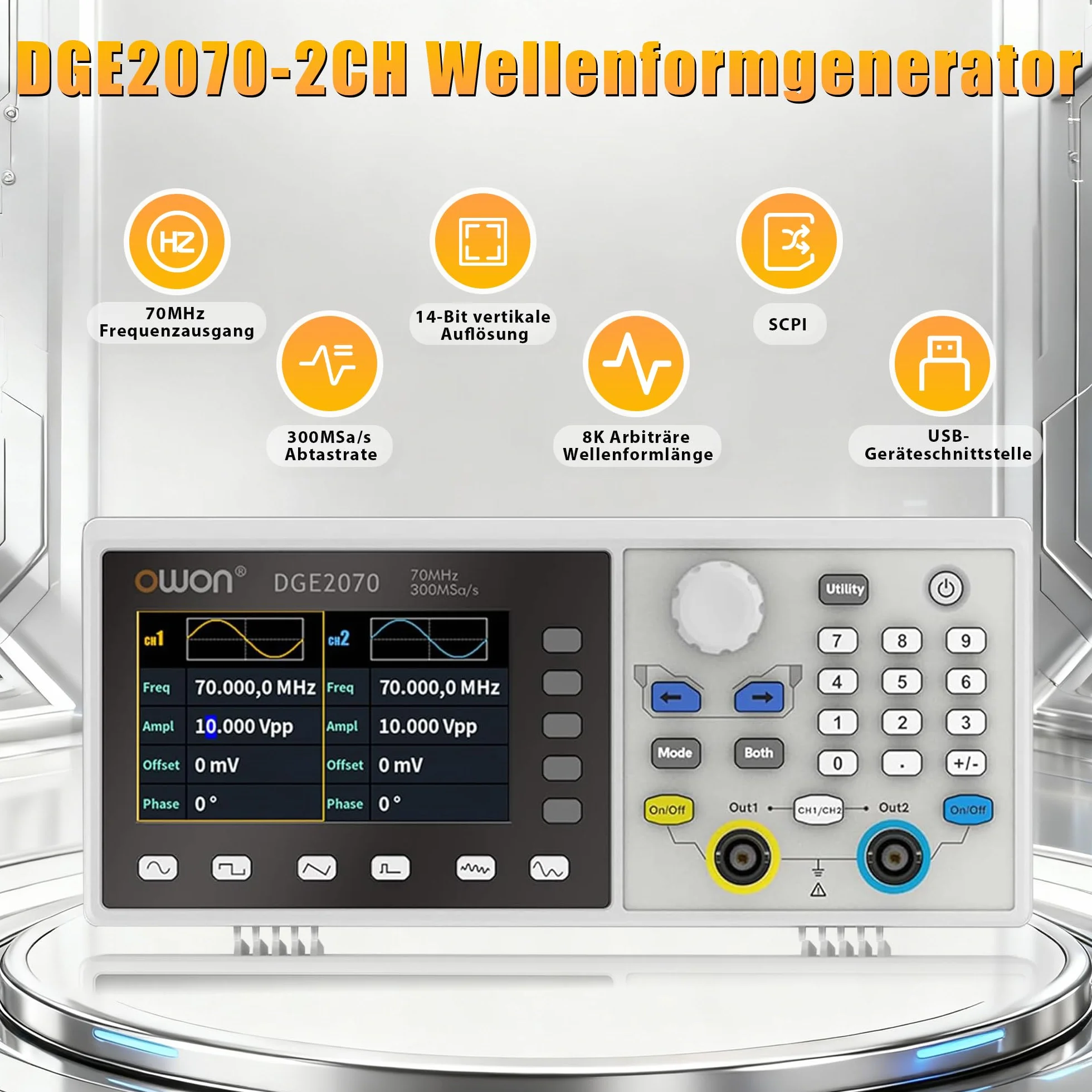 OWON DGE2070 - Generador de funciones de 2 canales para medición, pruebas y desarrollo, 70 MHz, 300 MSa/s, 14 bits, SCPI y control de PC