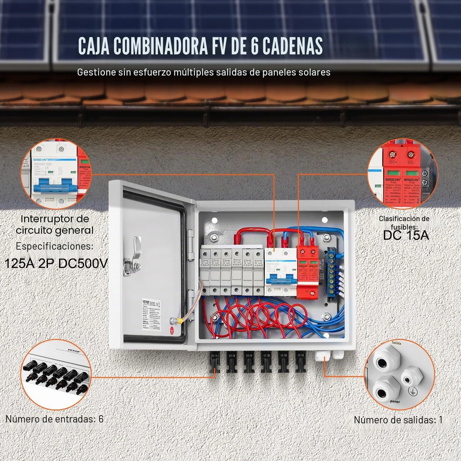 VEVOR Caja Combinadora Fotovoltaica, 6 Cuerdas, Caja Combinadora Solar con Fusible de Corriente Nominal de 15 A Conector Solar, Caja de Acero para Sistema de Panel Solar de Red de Encendido, Apagado