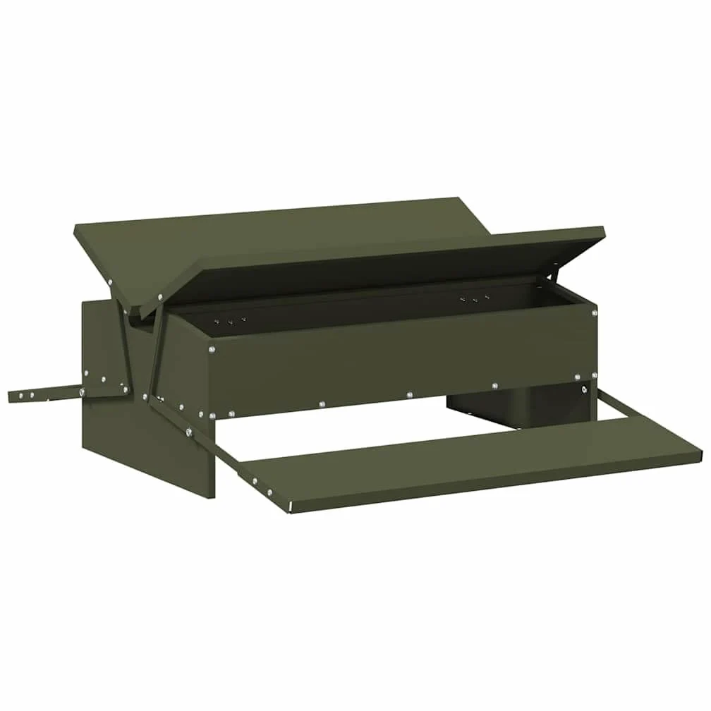Comedero gallinas metal verde oliva 75 x 53 x 20,5 cm, alimentador gallinas con pedal de acero resistente, diseño funcional para jardín o terraza, montaje fácil con destornillador,