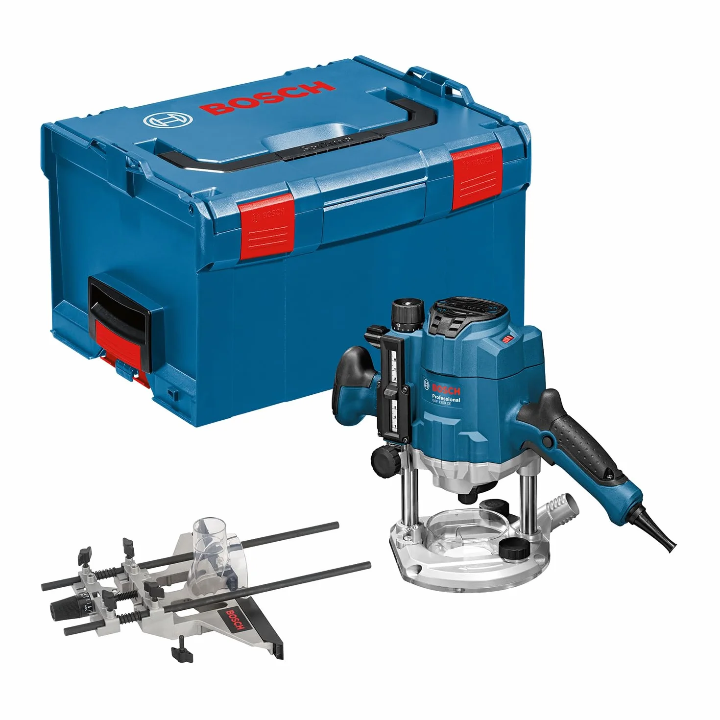 Bosch Professional fresadora de superficie GOF 1250 CE (llave de boca fija 19 mm, tope paralelo con ajuste preciso, adaptador de casquillo copiador, pinzas de sujeción, L-BOXX)