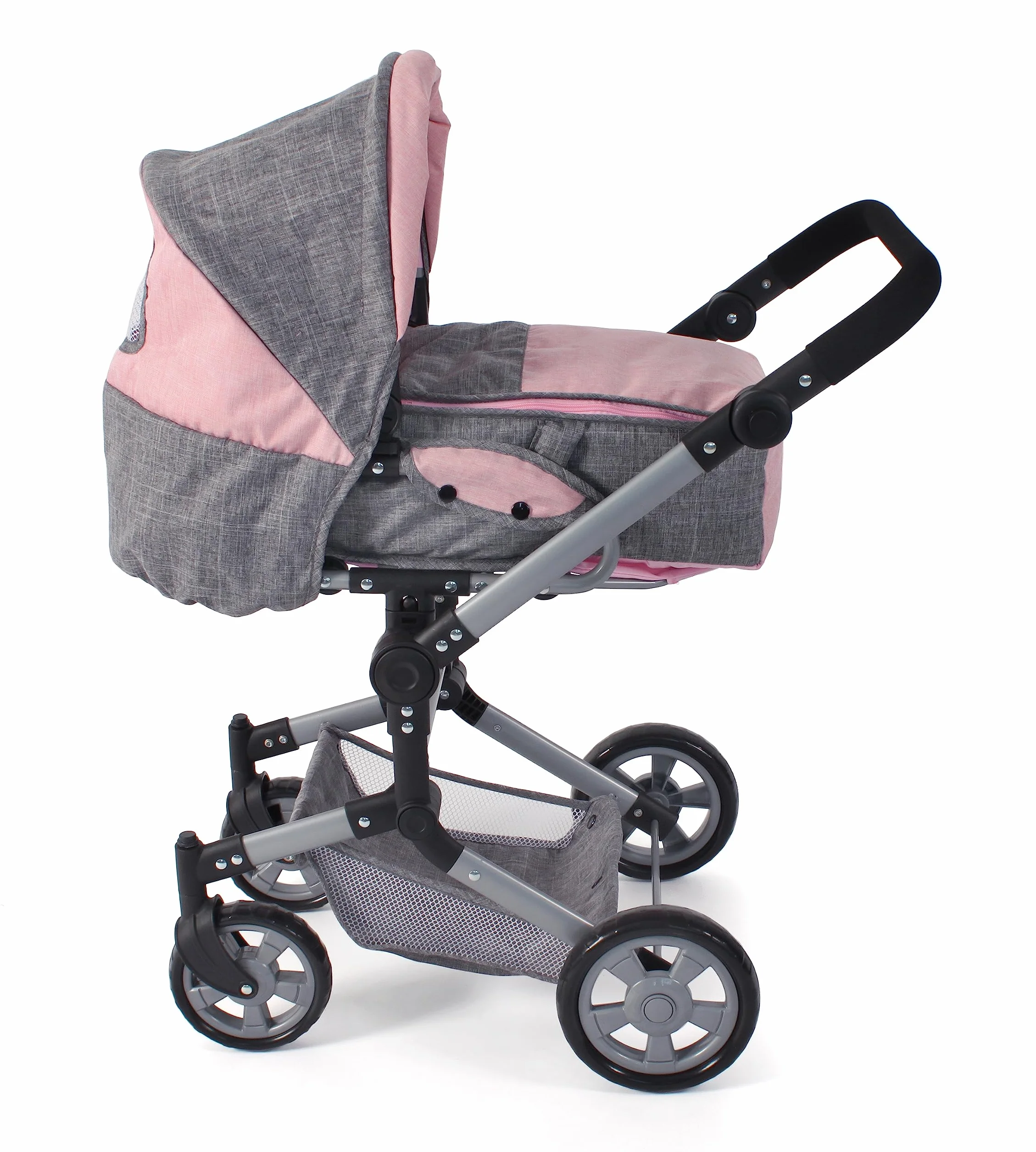 Bayer Chic 2000 Carrito 3 en 1 para muñecas Jara, Gris y Rosa, Plegable, Mango Regulable 47-78 cm, Bolsa Transporte