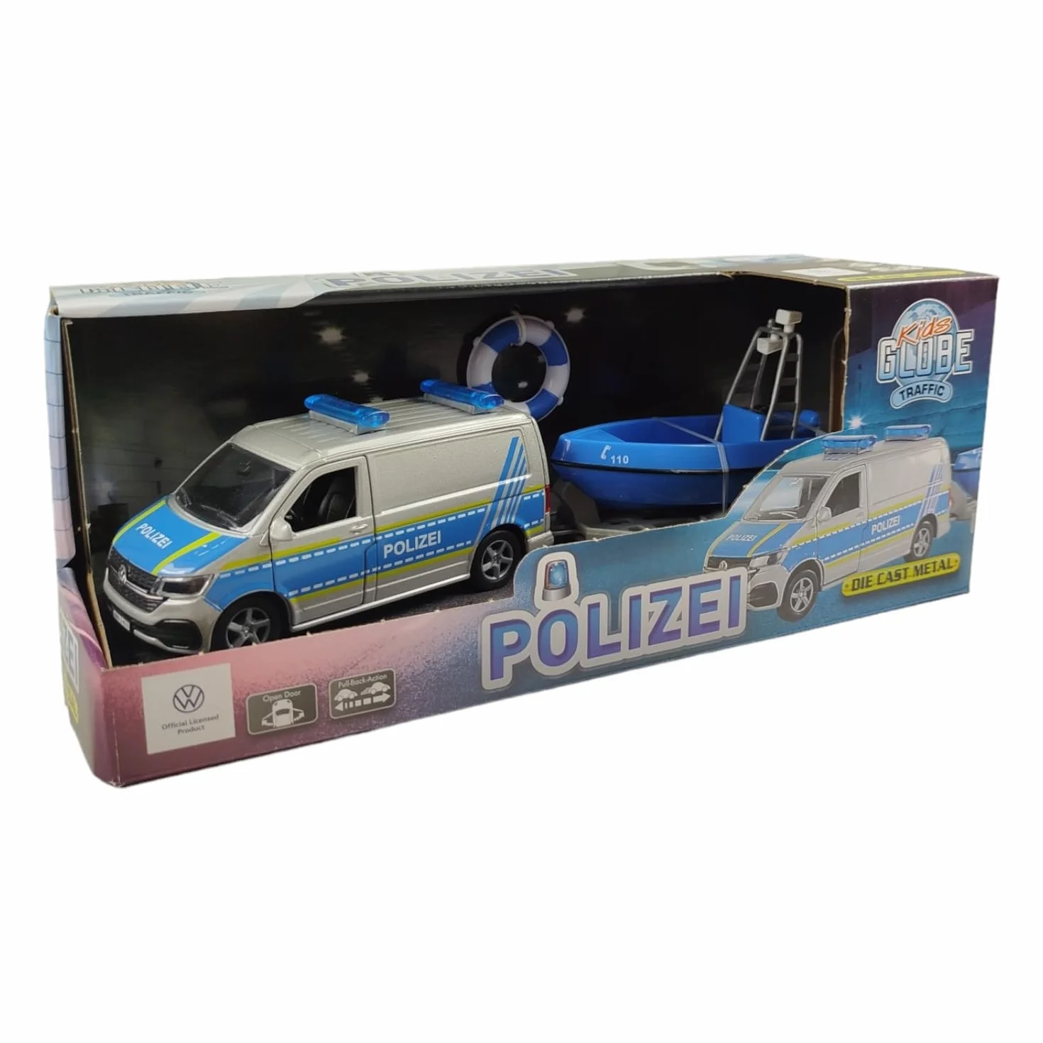 Kids Globe Volkswagen Transporter Policía Barco Die Cast Pull Back 29 cm Juguete Azul