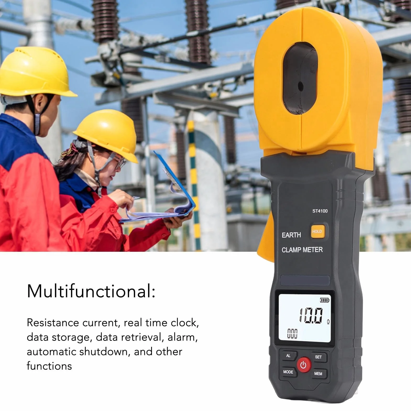 Gugxiom Pinza Amperimétrica Digital Pinza Medidor de Resistencia a Tierra 55x32 Mm, ST4100 LCD Pinza Probador de Tierra Resolución de Resistencia 0.001Ω 0.01mA, Apagado
