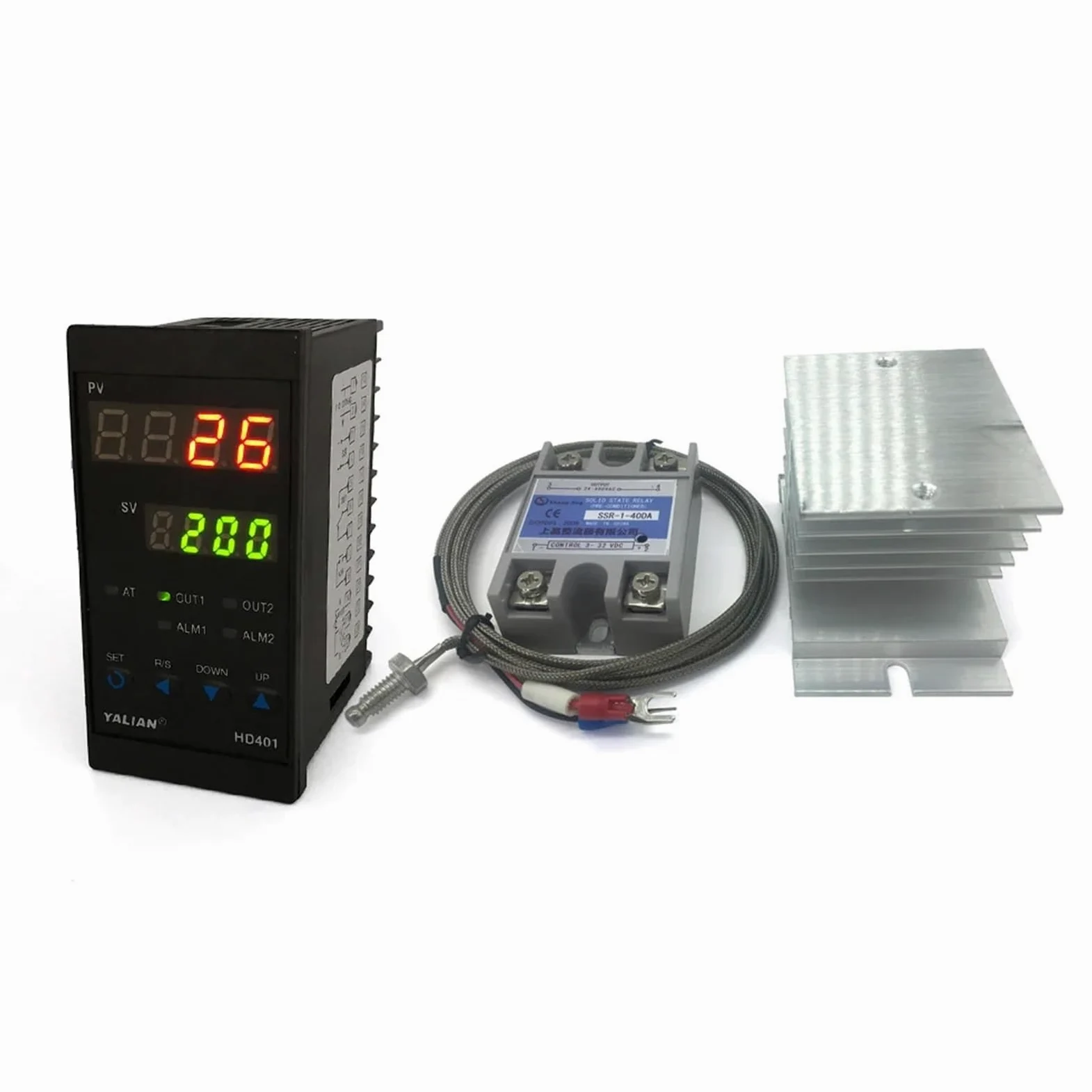 Controlador de temperatura digital Pid Temperatura máxima de ajuste 1372 grados Celsius + disipador de calor + termopar K 2M + SSR máx. 40 A(HD401)