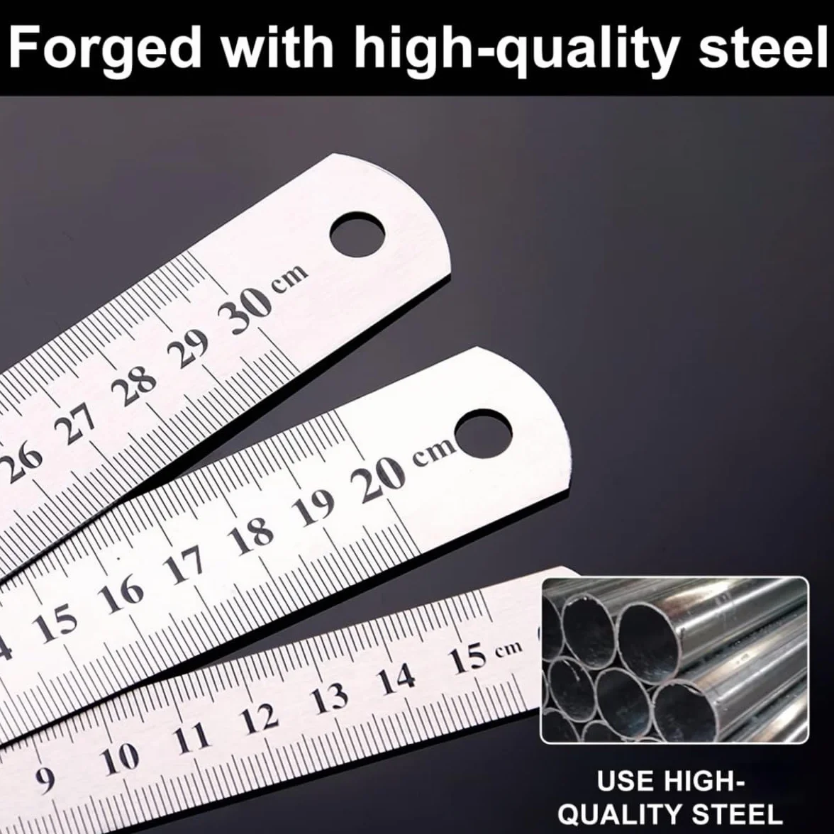 Regla de Acero Inoxidable 3 Pzs, 15cm 20cm 30cm, Regla Metálica de Borde Recto, Herramienta de Medición con Escala Métrica e Imperial
