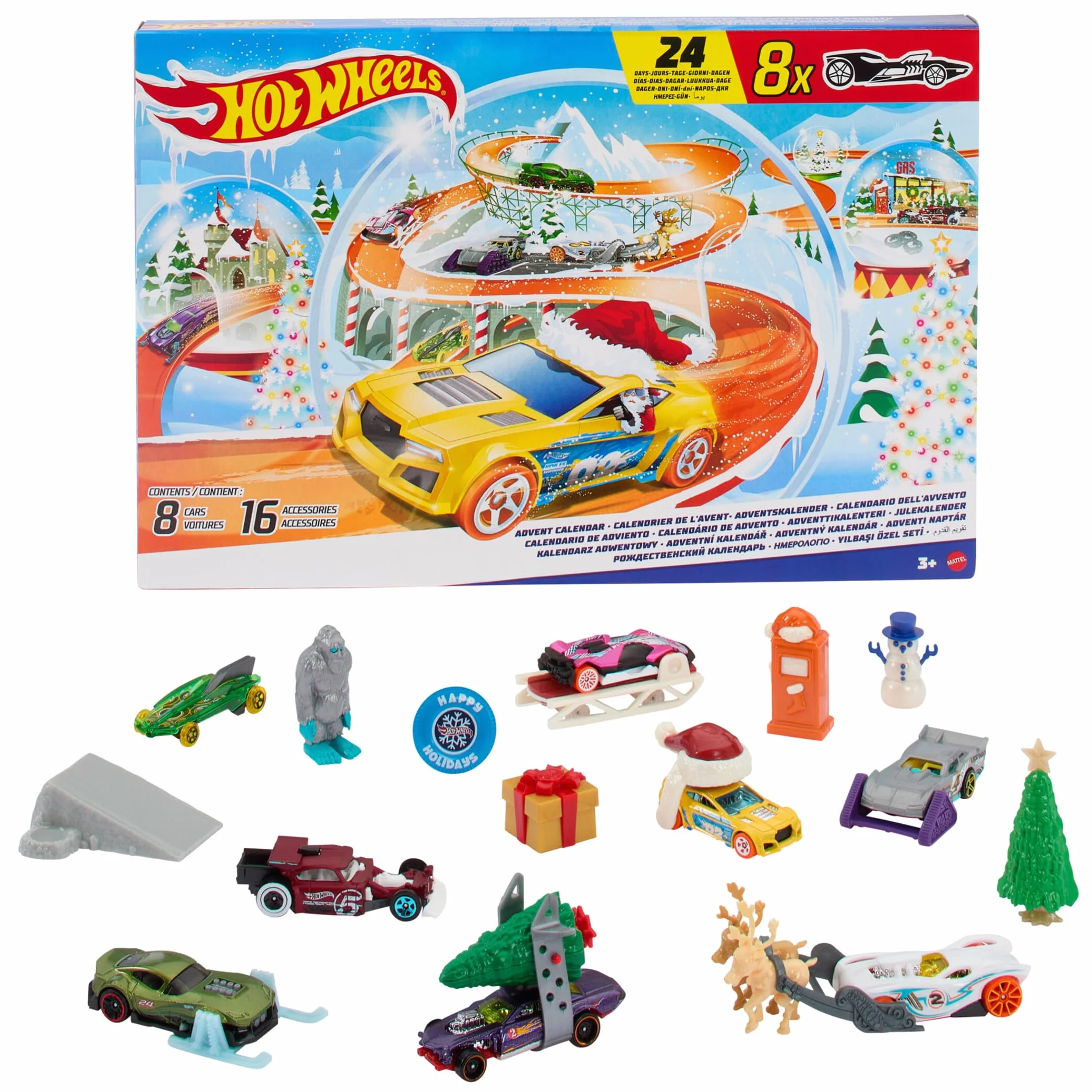 Hot Wheels Calendario de Adviento 2024, 8 coches de juguete con 16 accesorios sorpresa, alfombra de juego, regalo niños +3 años HTG00