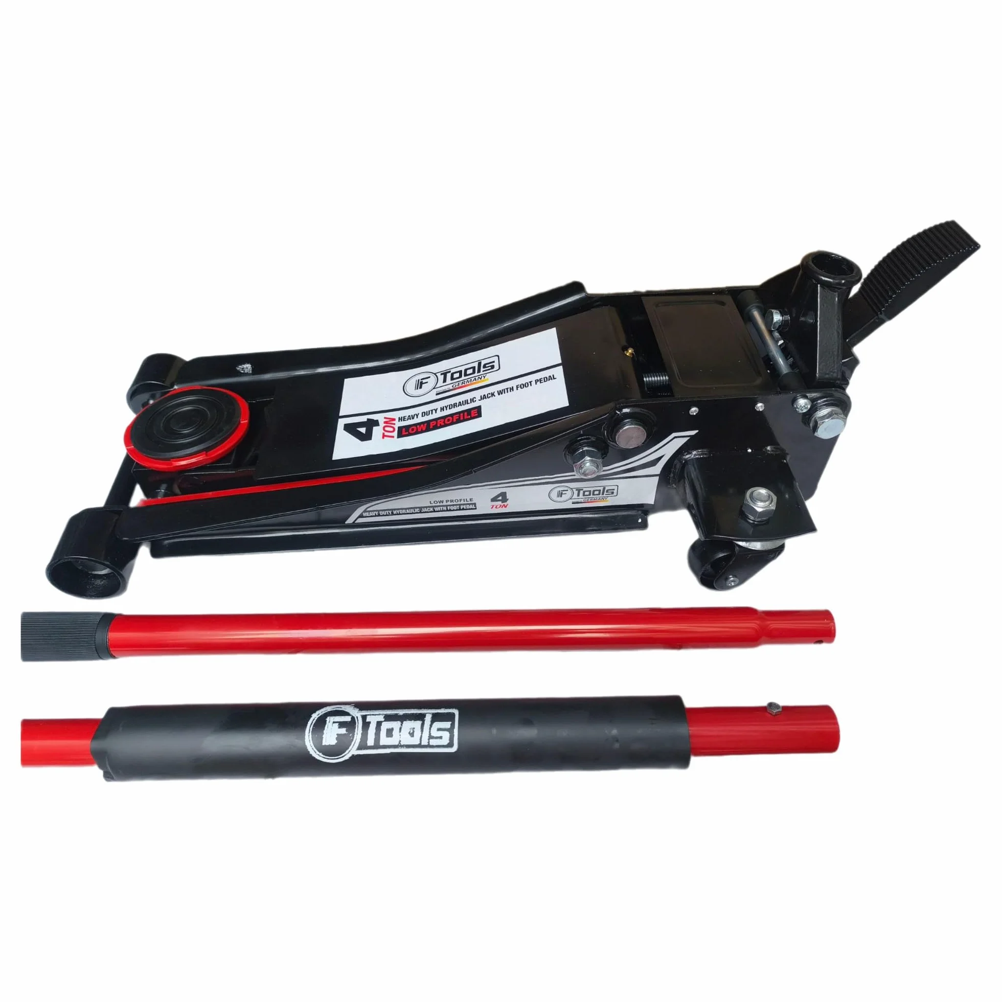 Gato hidráulico de 4T de doble pistón con pedal – Extra plano 75–500 mm – Elevación rápida y ruedas de 360° – Auto, SUV y furgoneta – Gato de taller profesional para maniobras