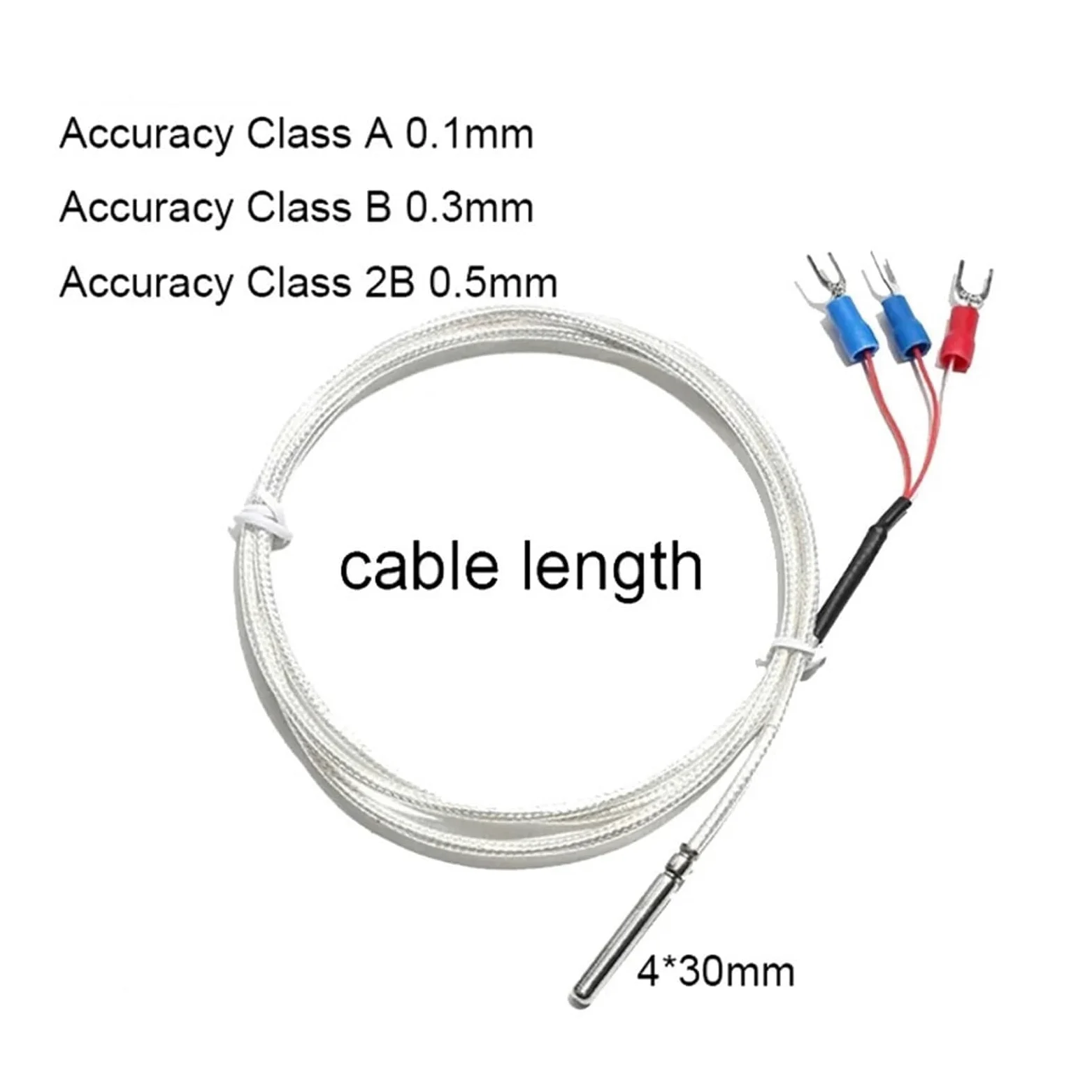 Termopar tipo K, Termistor de sonda medición temperatura PT100 termopar 4x30MM con conector 3 terminales Cable PTFE 1/2/3/4/5M(4m Cable Length,A Level 0.1mm)