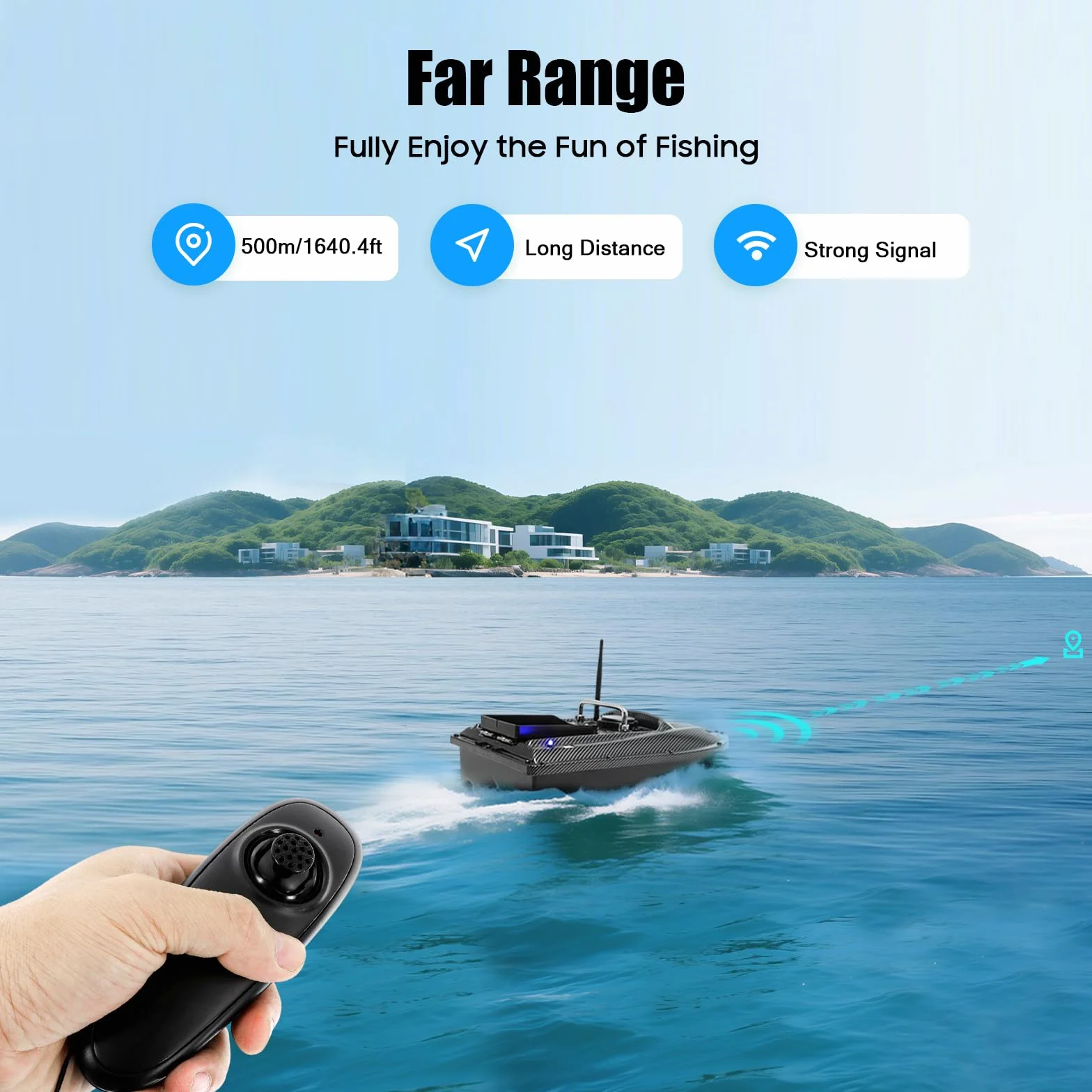 Barco de pesca RC teledirigido 49x27x16 cm carga 1,5 kg motor doble control crucero LED 5200 mAh