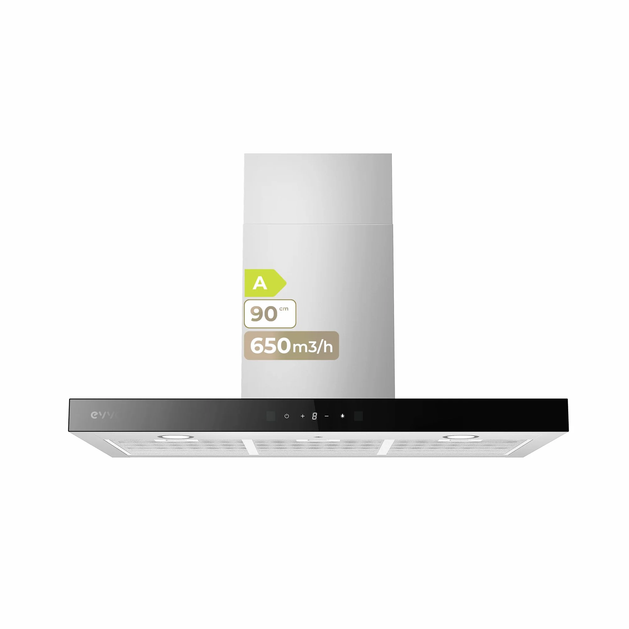 EVVO Campana Extractora Decorativa CE36 90 cm 650 m³/h Inox borde negro 3 Velocidades Control Táctil Temporizador Eficiencia A