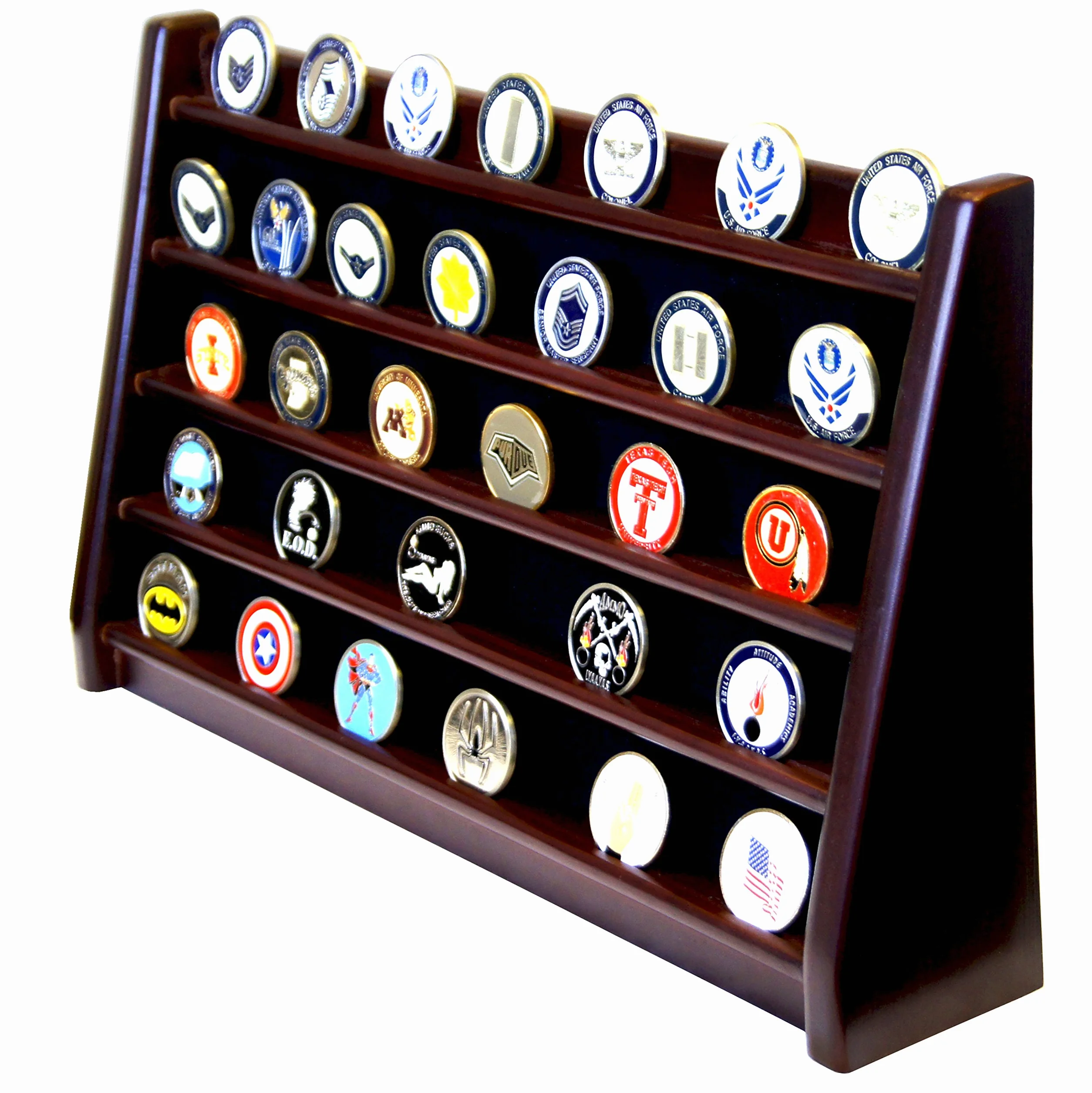 DECOMIL Estante de 5 Filas Challenge Coin Holder Display Madera Maciza Acabado Cerezo