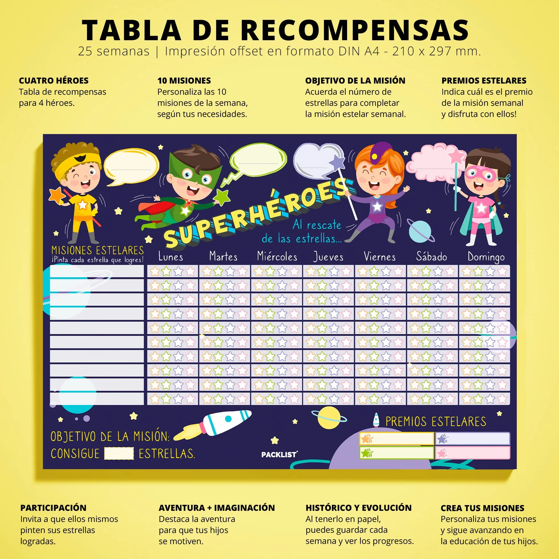 Tabla de Recompensas para Niños en Español - Calendario Semanal Infantil Educativo por Misiones: Superhéroes al Rescate de Estrellas