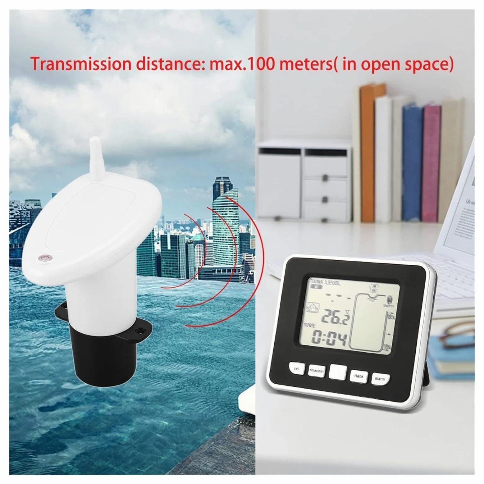 Medidor de nivel de agua, Sensor de medidor de nivel de profundidad líquida de tanque de agua inalámbrico ultrasónico con pantalla de temperatura con pantalla LED de 3,3 pulgadas