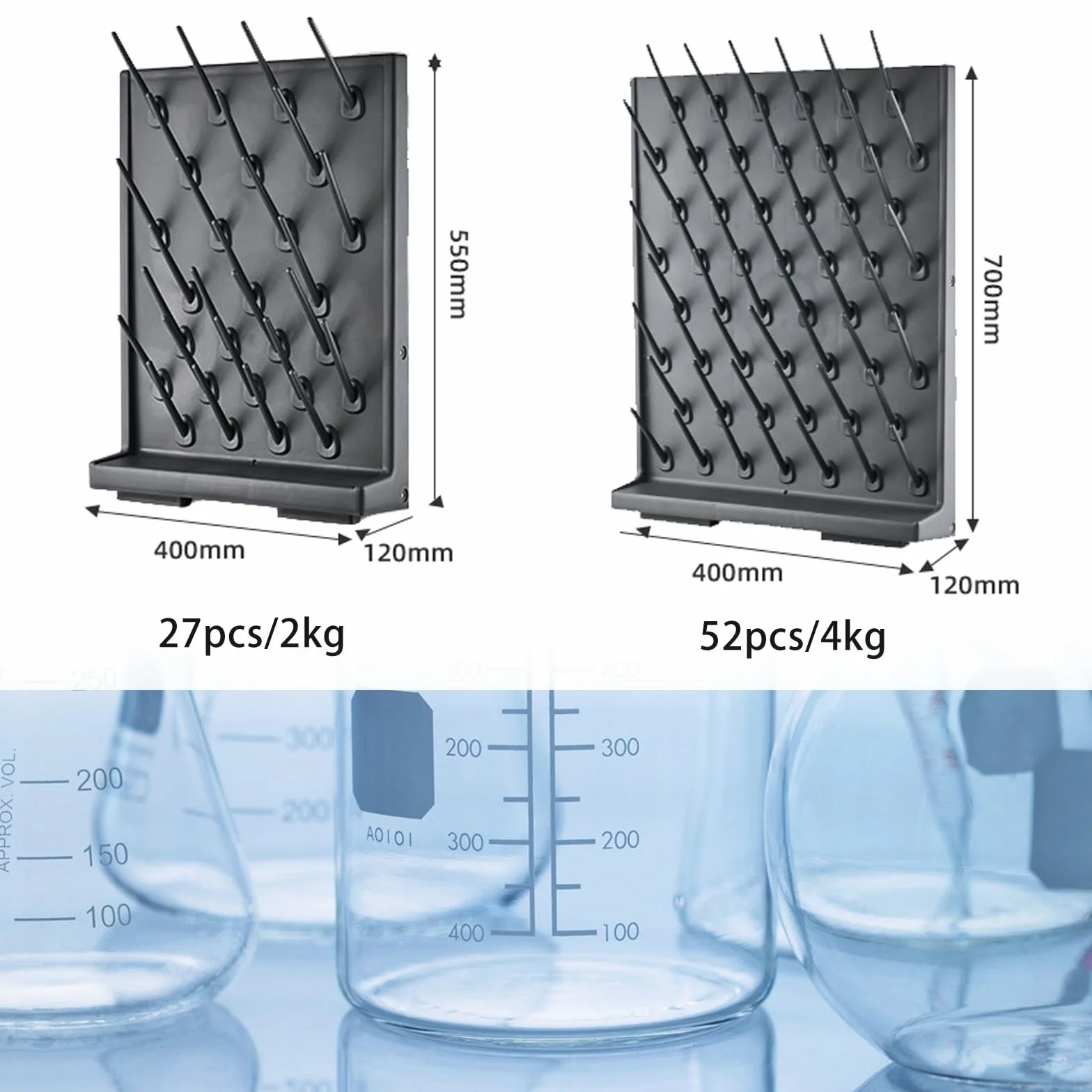 Estante de goteo de laboratorio de polipropileno con diseño desmontable y tubo de ensayo de tubo de drenaje, estante de secado para drenaje rápido del agua, ángulo de 35°, 27/52 piezas, color gris