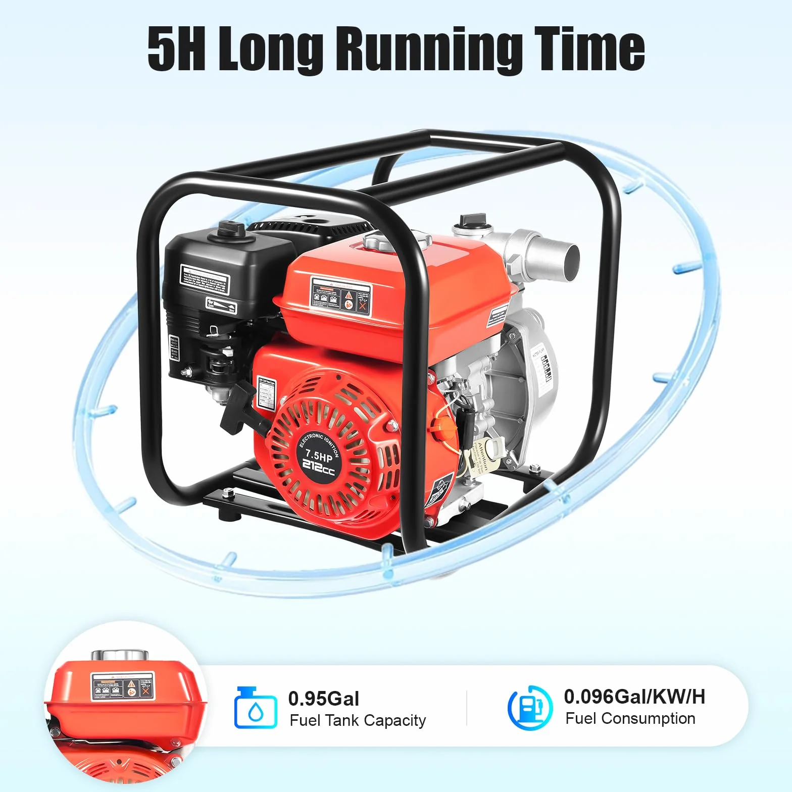 Bomba de agua de gasolina de 7,5 CV, bomba de jardín, bomba de estanque, motor de 4 tiempos, cilindro único, 3600 rpm, 30 m, altura de extracción de 2 pulgadas, diámetro de entrada, volumen de