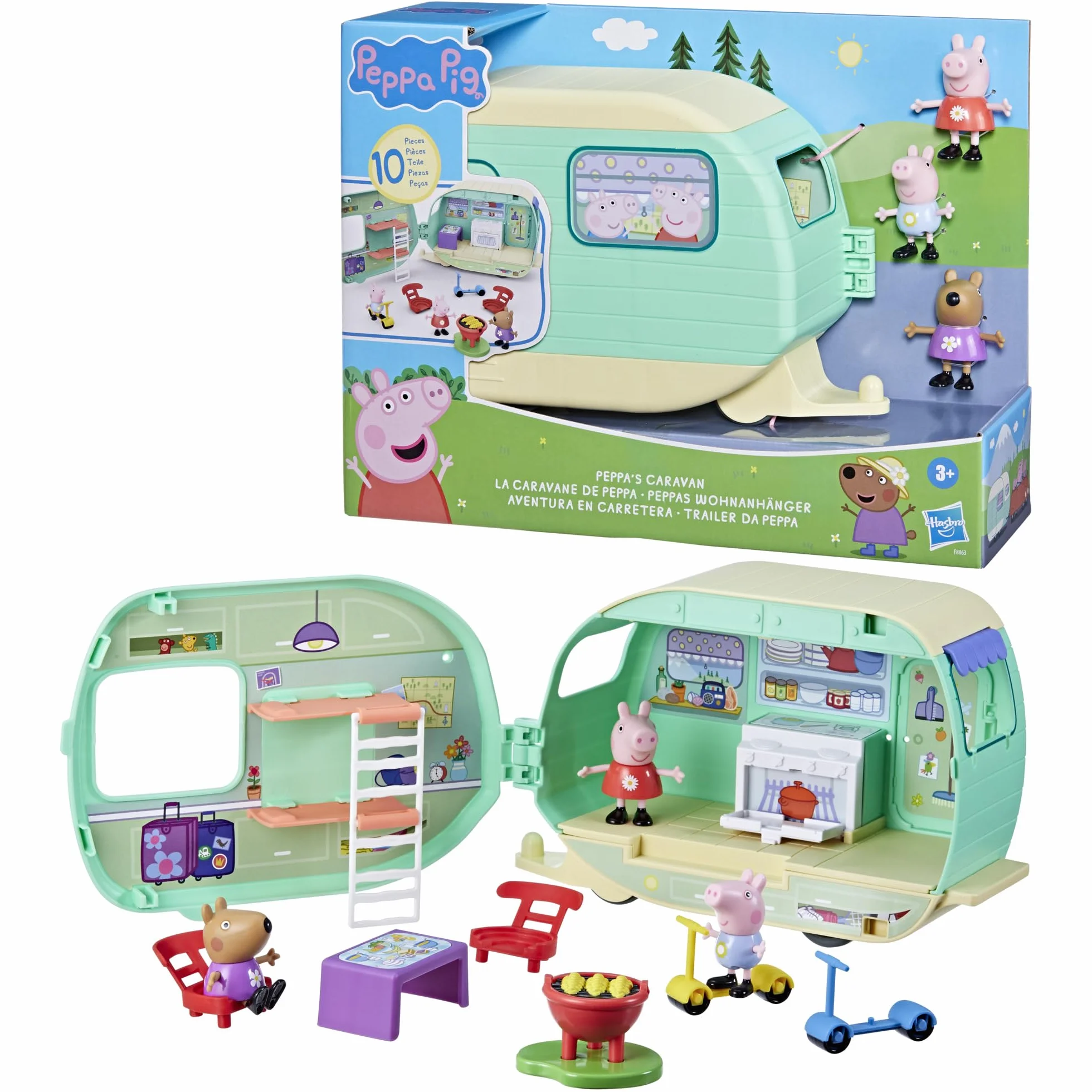 Peppa Pig Set de Juego Aventura en Carretera Caravana de Juguete con 3 Figuras Peppa George y Birgit para Niños 3 Años o Más