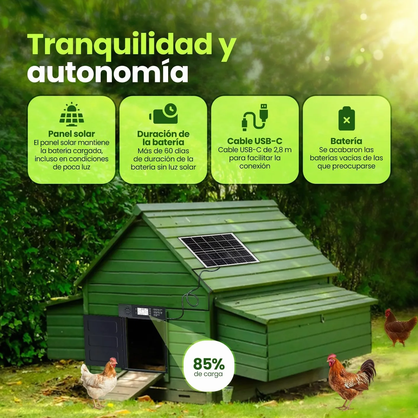 Puerta gallinero automatica Solar con batería 5000 mAh, Mando a Distancia, Aluminio Resistente, 7 Modos Apertura, Impermeable IP45, Alarma integrada y termómetro/higrómetro Conectado