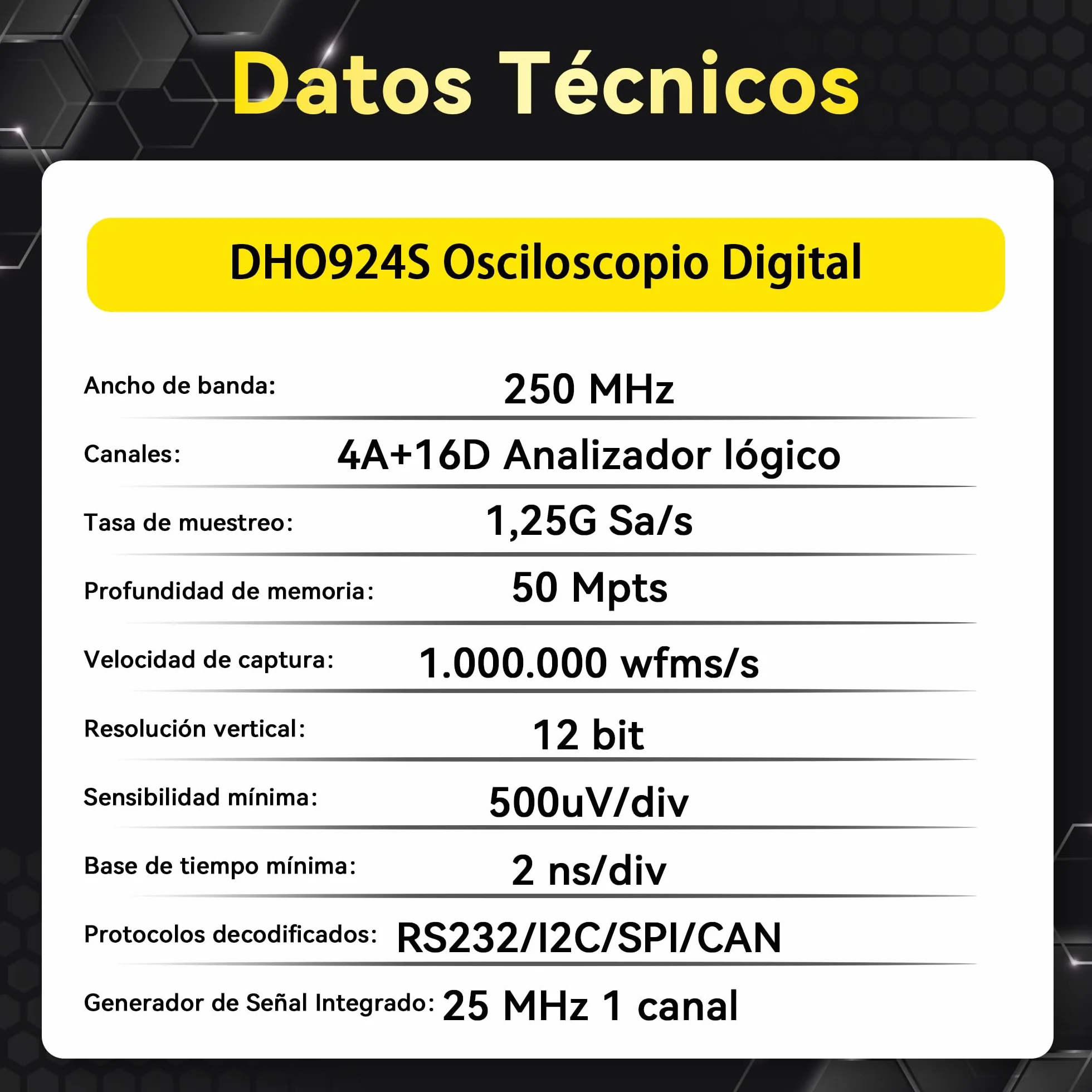 RIGOL Osciloscopio,DHO924S Osciloscopio Digital Portatil,250MHz,4A+16D canales,Resolución 12 bits,Pantalla táctil HD 7",Generador de señales integrado,Para pruebas en campo y enseñanza en laboratorio