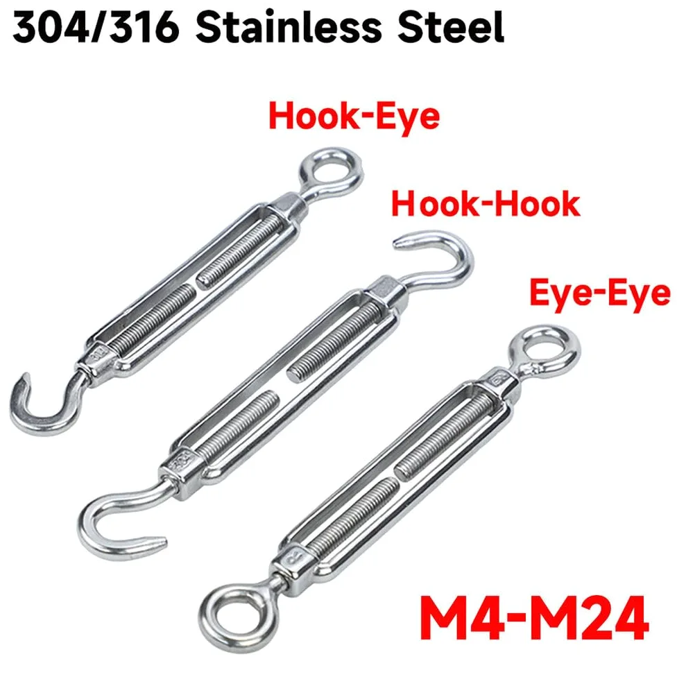Tensor de cable con gancho y cuerda ajustable (1 pieza) for proyectos marinos, de cercado y bricolaje.(SS316 M16 Hook/Hook)