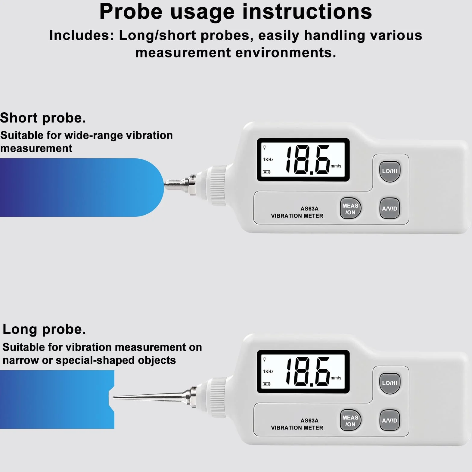 AS63A Medidor de Vibraciones, Medidor Digital de Vibracion,Analizador de Vibraciones con pantalla LCD Medición de aceleración,velocidad y desplazamiento,para Industria,Construcción,Automoción