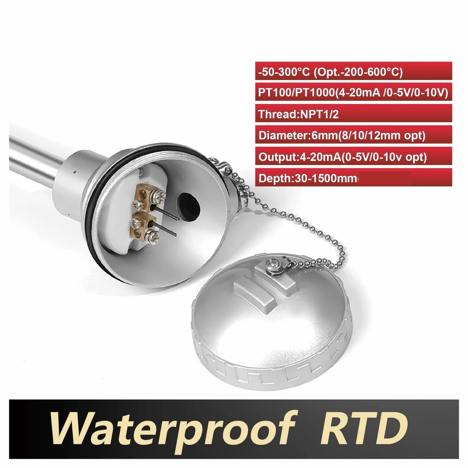sensor Transmisor de temperatura PT100 RTD impermeable con salida de 4-20 mA y sonda de acero inoxidable for medición de líquidos.(4-20MA,250mm)