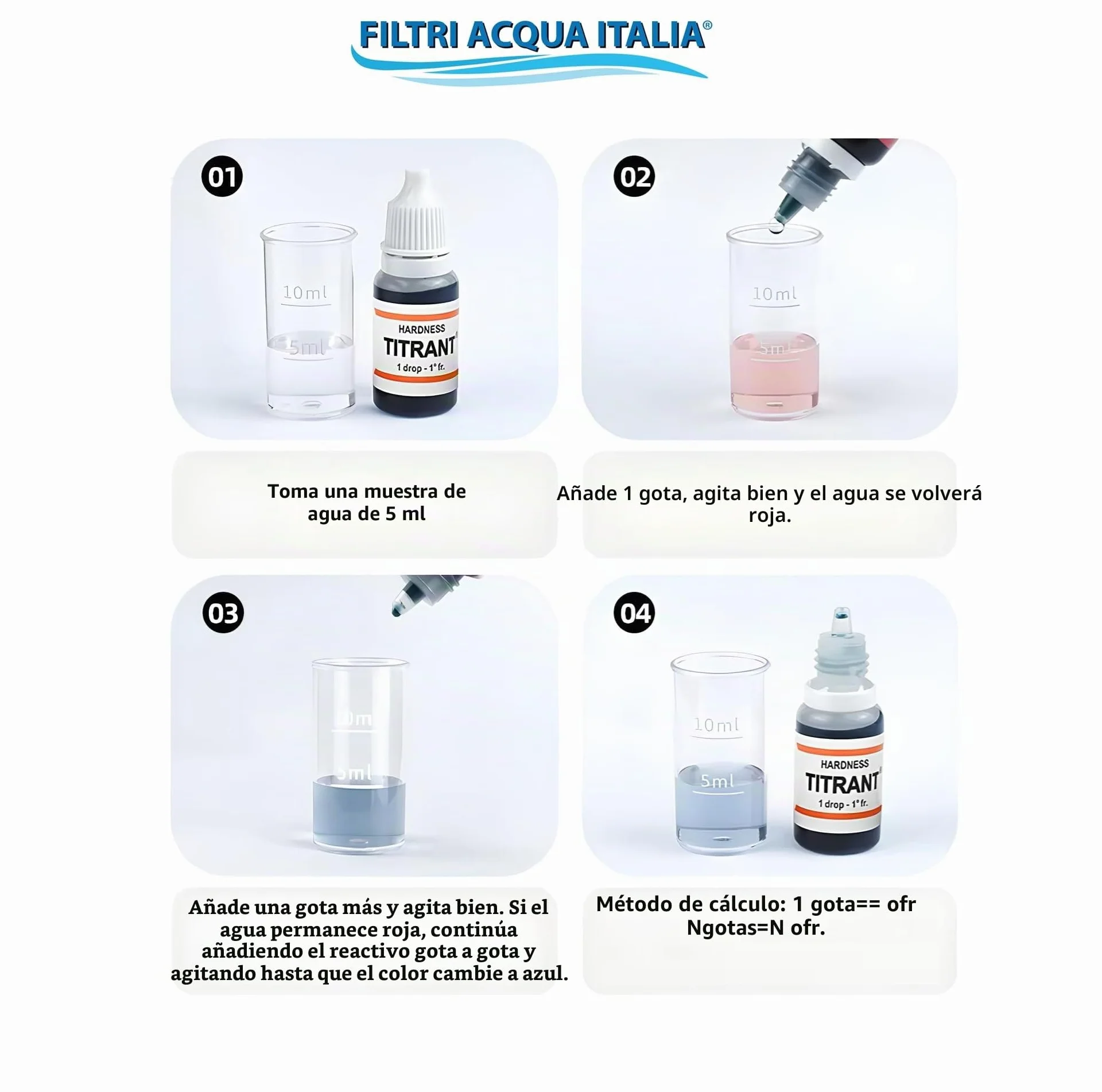 Kit análisis dureza agua Titrant grados franceses medir cal