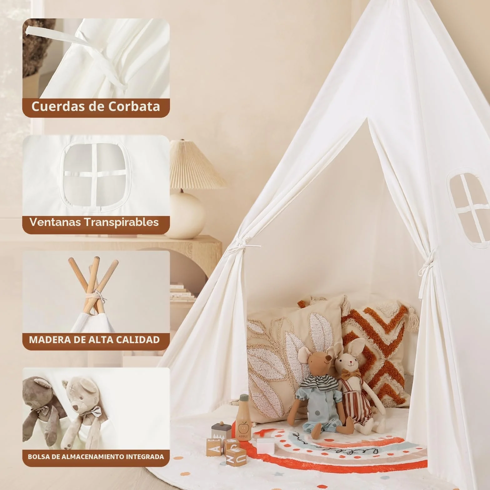 Tipi Infantil Algodón Tienda de Campaña Interior Madera Portátil Cabañas para Niños Blanco Roto