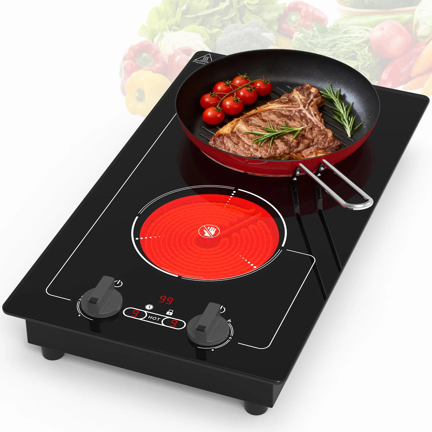 Placa Vitroceramica 2 Fuegos 220V 3000W Portatil con Enchufe, 9 Niveles, Bloqueo Infantil, Temporizador