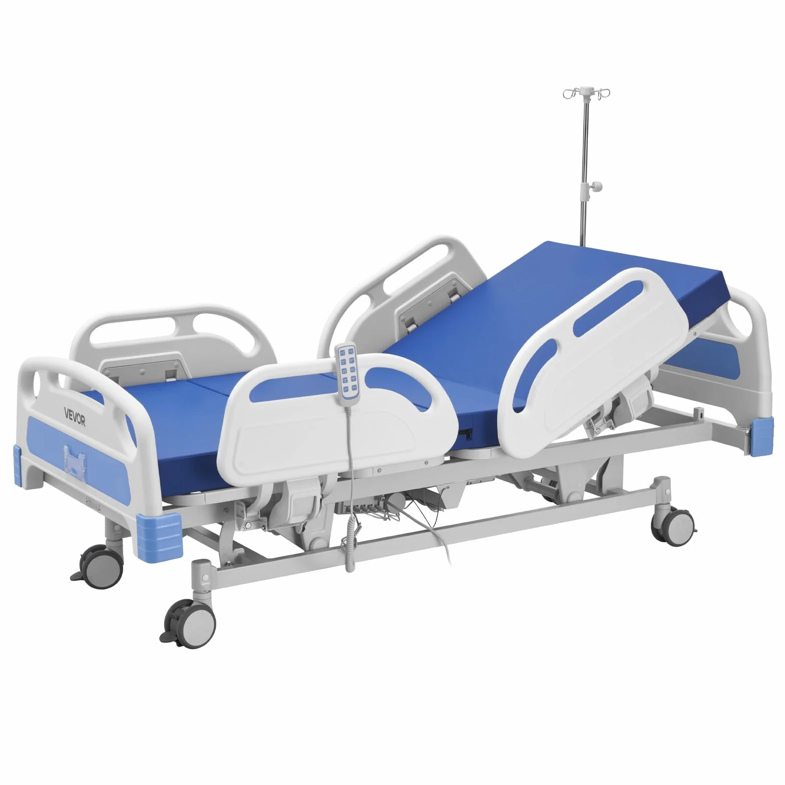 VEVOR Cama de Hospital Eléctrica de 5 Funciones con Trendelenburg y Ruedas con Bloqueo, Cama Médica con Colchón de Alta Densidad para Hospitalización Doméstica, Carga de 250 kg, 213 x 106 x 45-75 cm